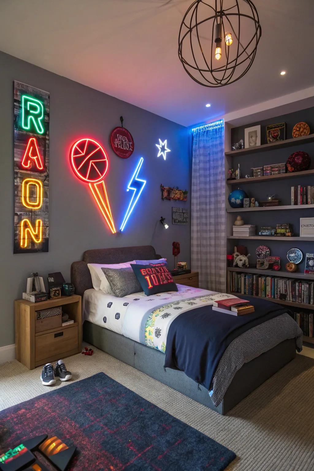 Creative lighting featuring neon signs in a tween boy's room.