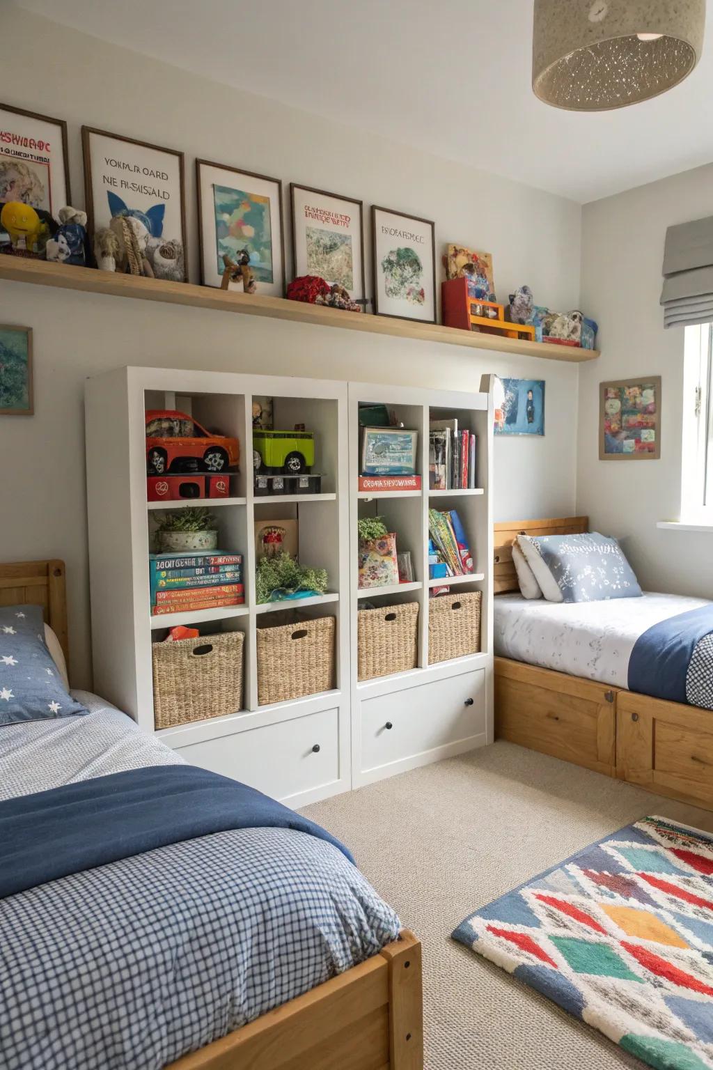 Practical storage maintains the twin bedroom tidy