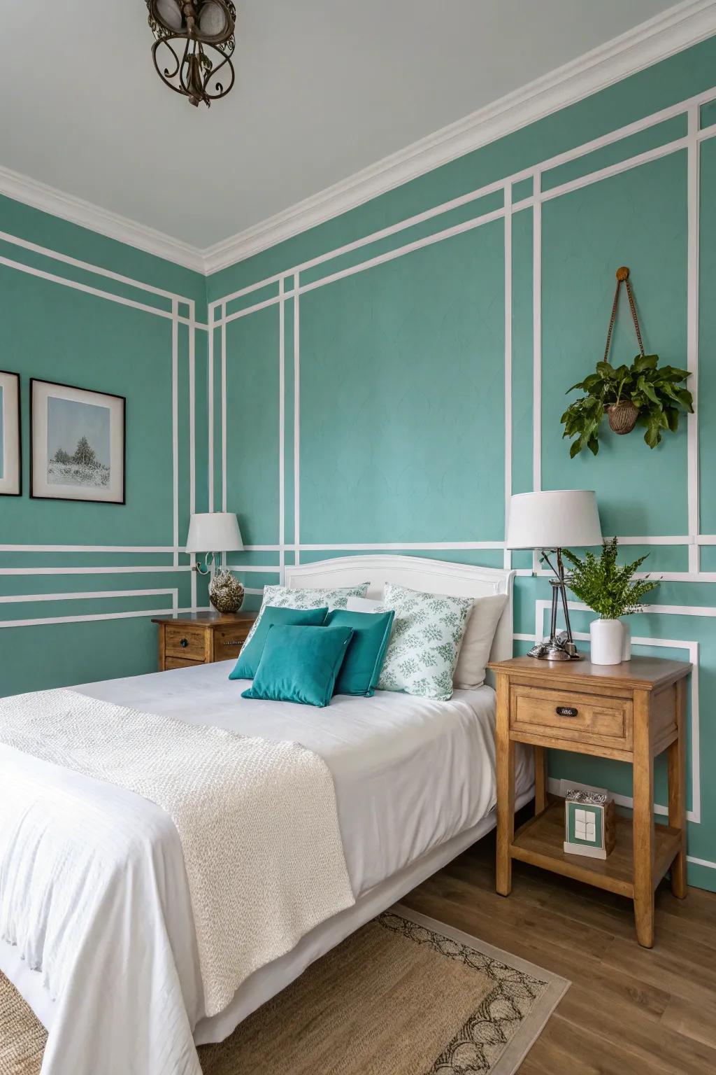 An attractive bedroom styled with teal and white walls, balancing depth and light.