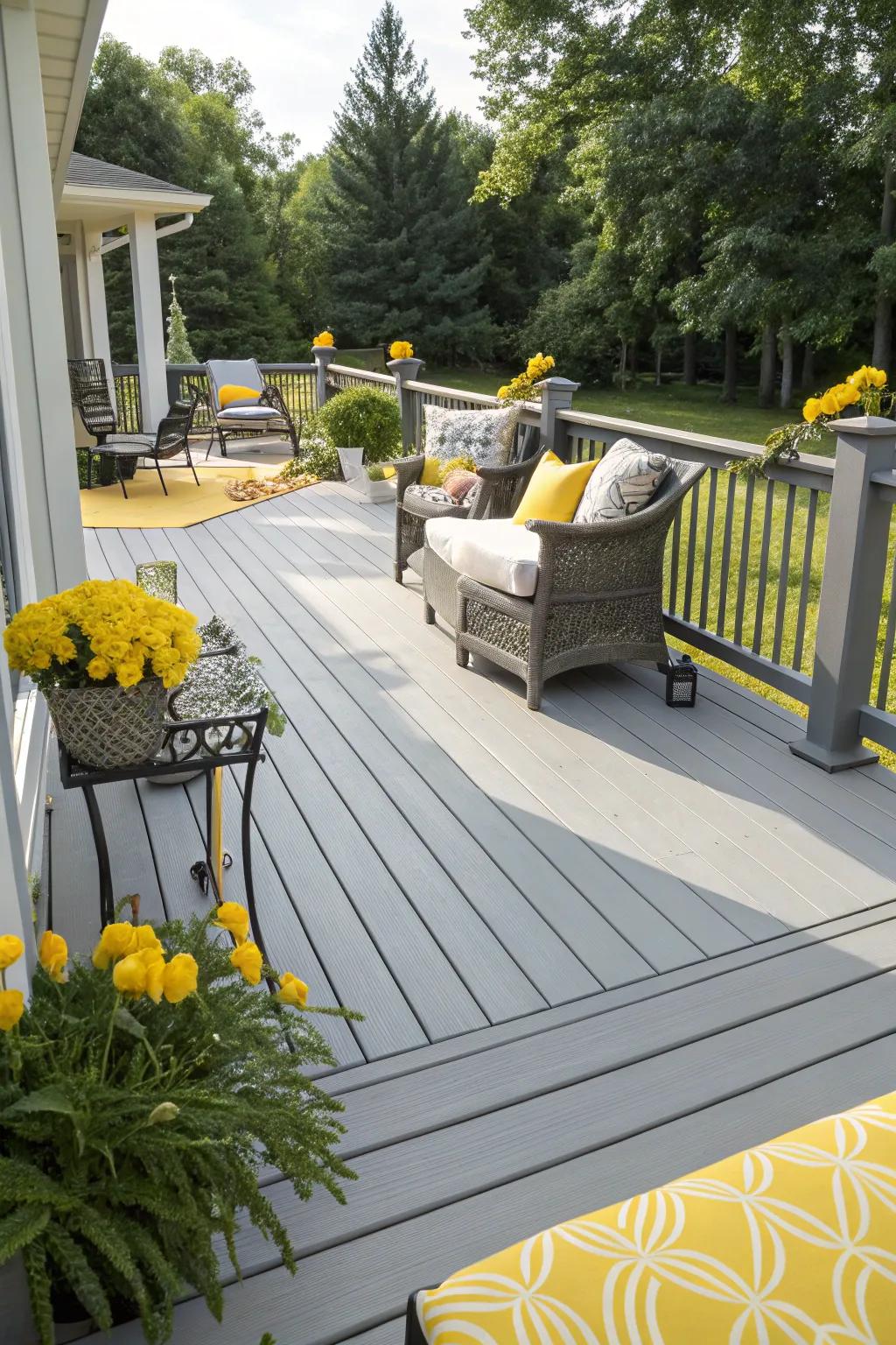 Bright yellow and soft gray create a cozy and inviting outdoor space.