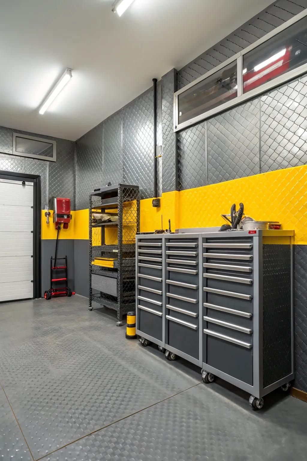Factory grey and golden deliver a fashionable, urban sensation to your garage.