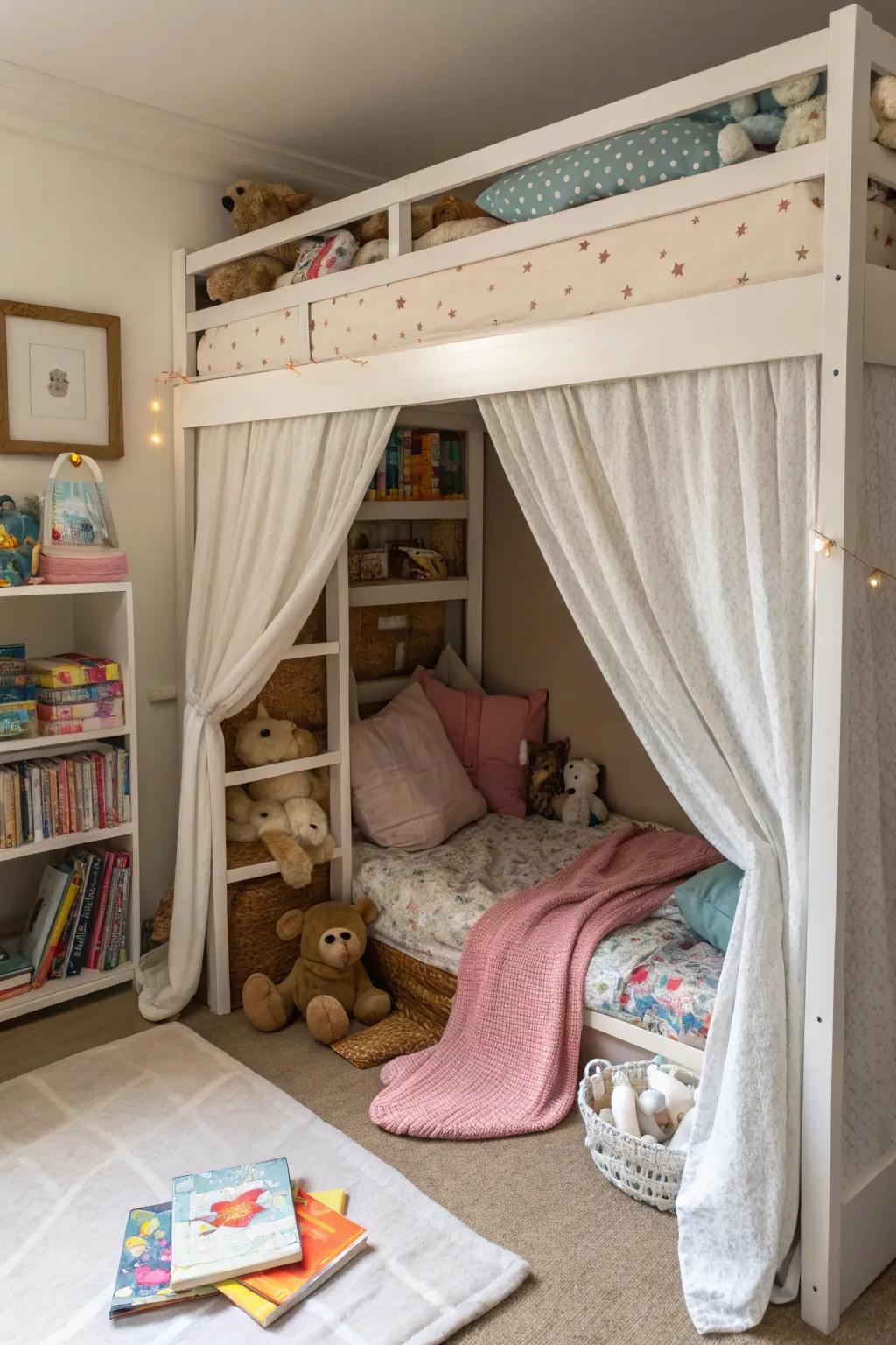 A concealed sanctuary beneath the bunk bed.
