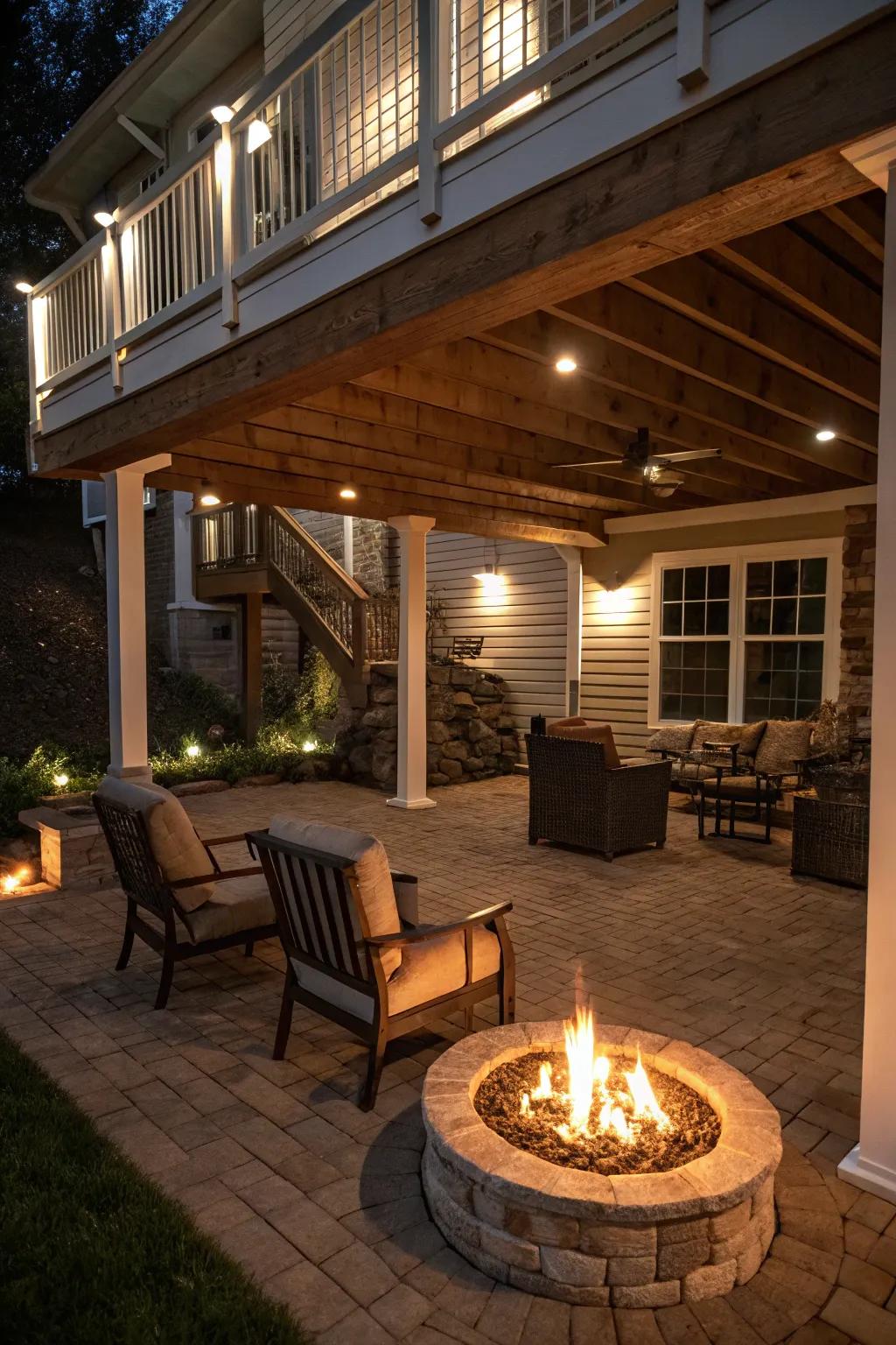 A snug spot beneath the deck featuring a central bonfire and comfortable seating.