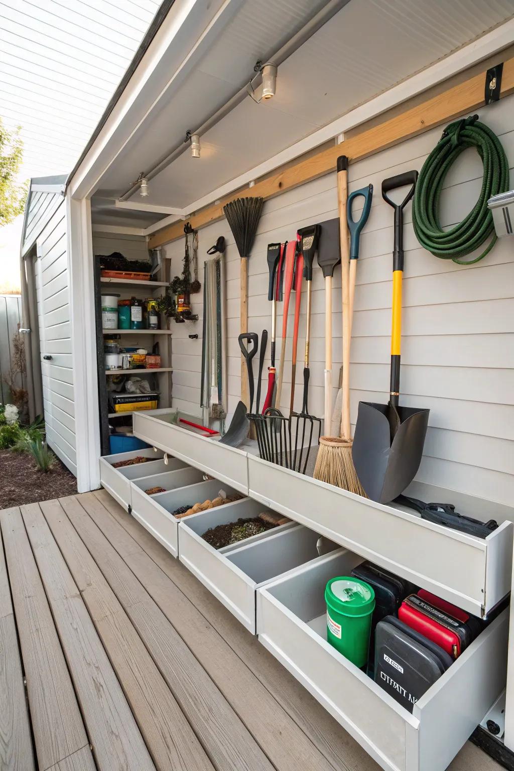 Sliding drawers offer lots of room and ease of use for storing items beneath the deck.