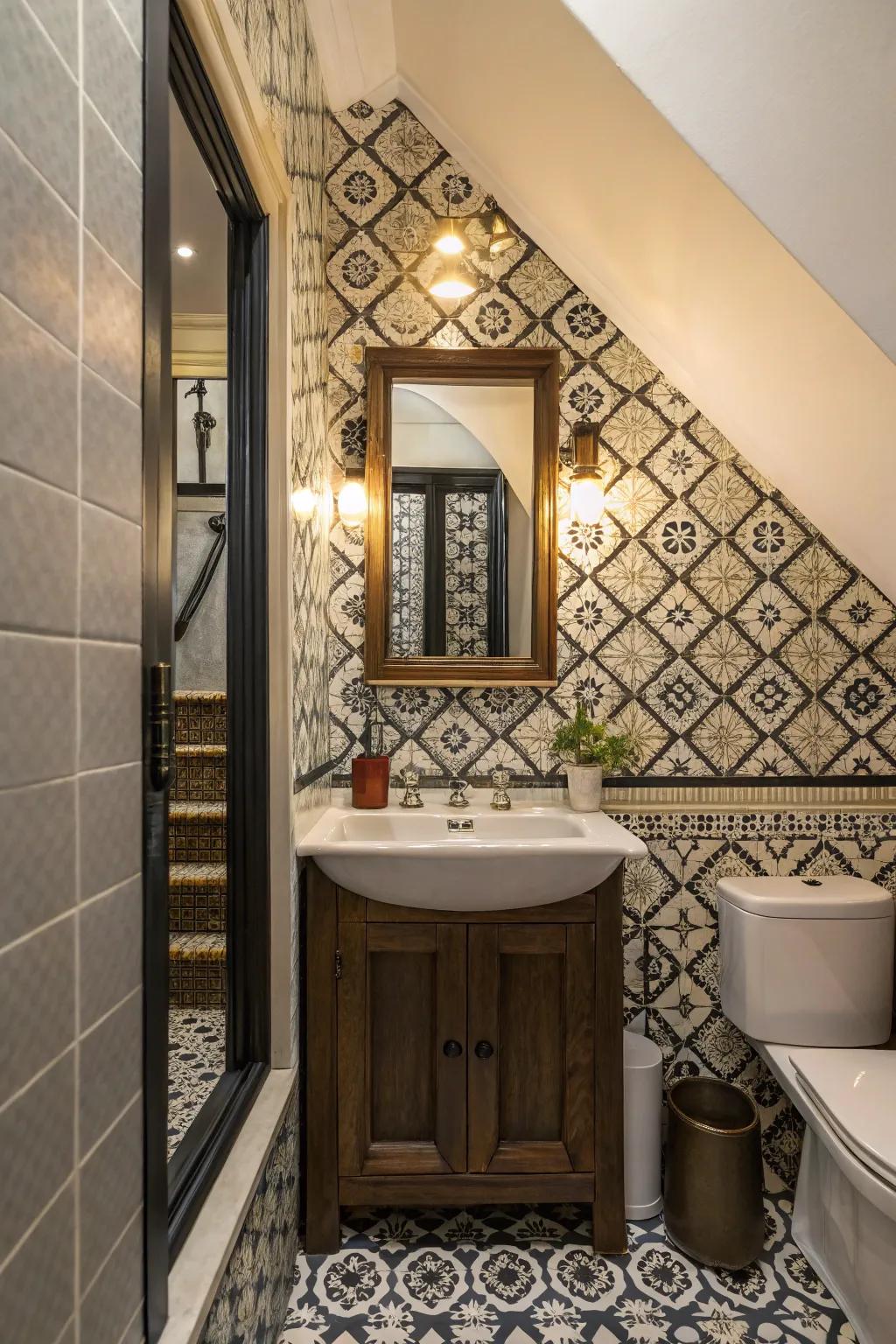 A washroom under the stairs showcasing a striking tile pattern and a statement mirror.