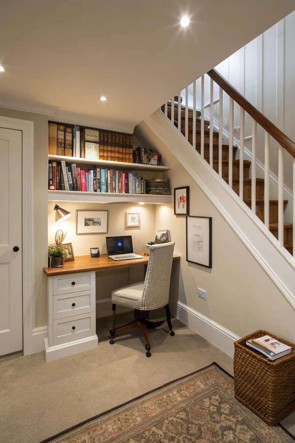 A mini home office beneath the stairs maximizes unused space.