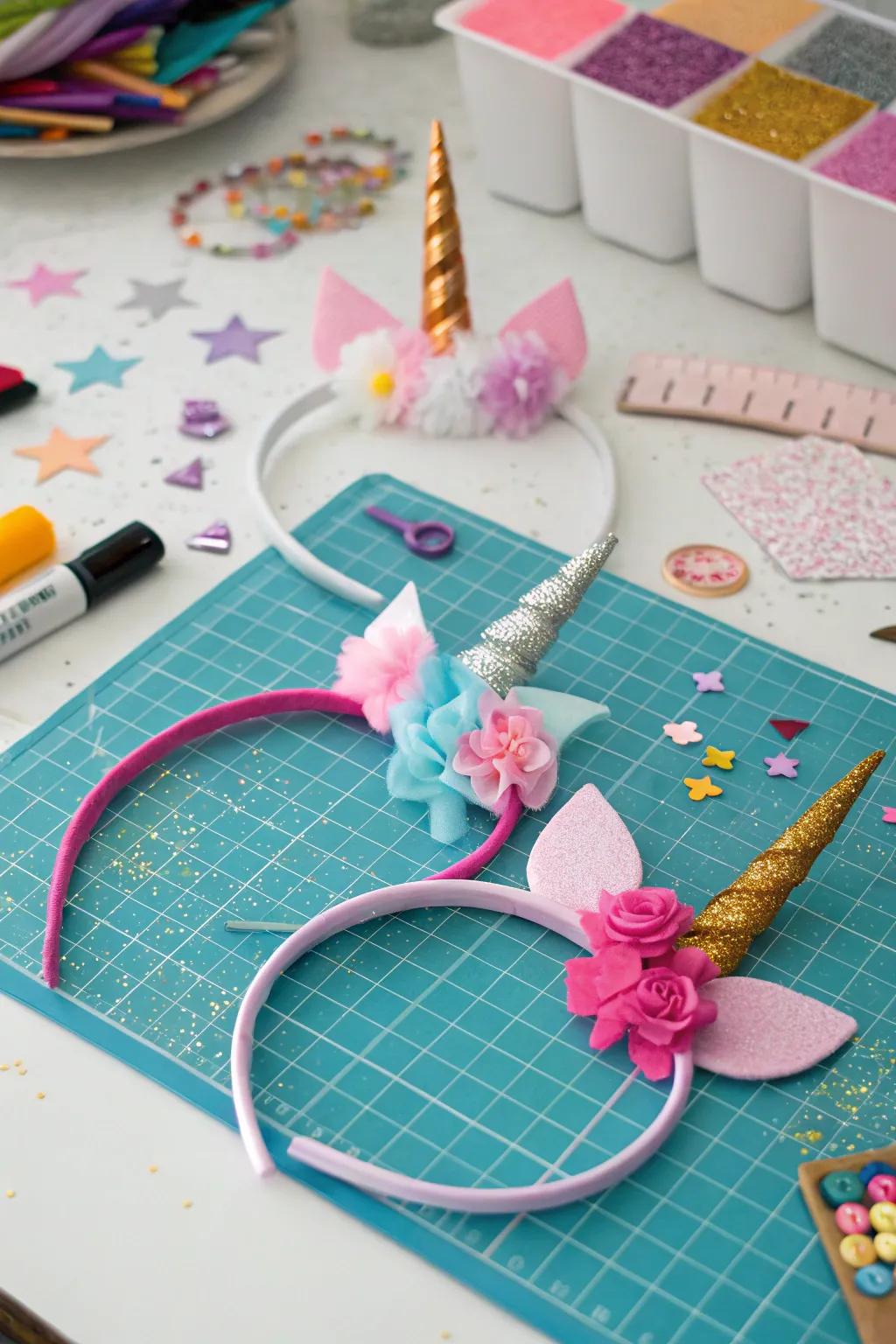 DIY prism forehead adornments for young attendees.