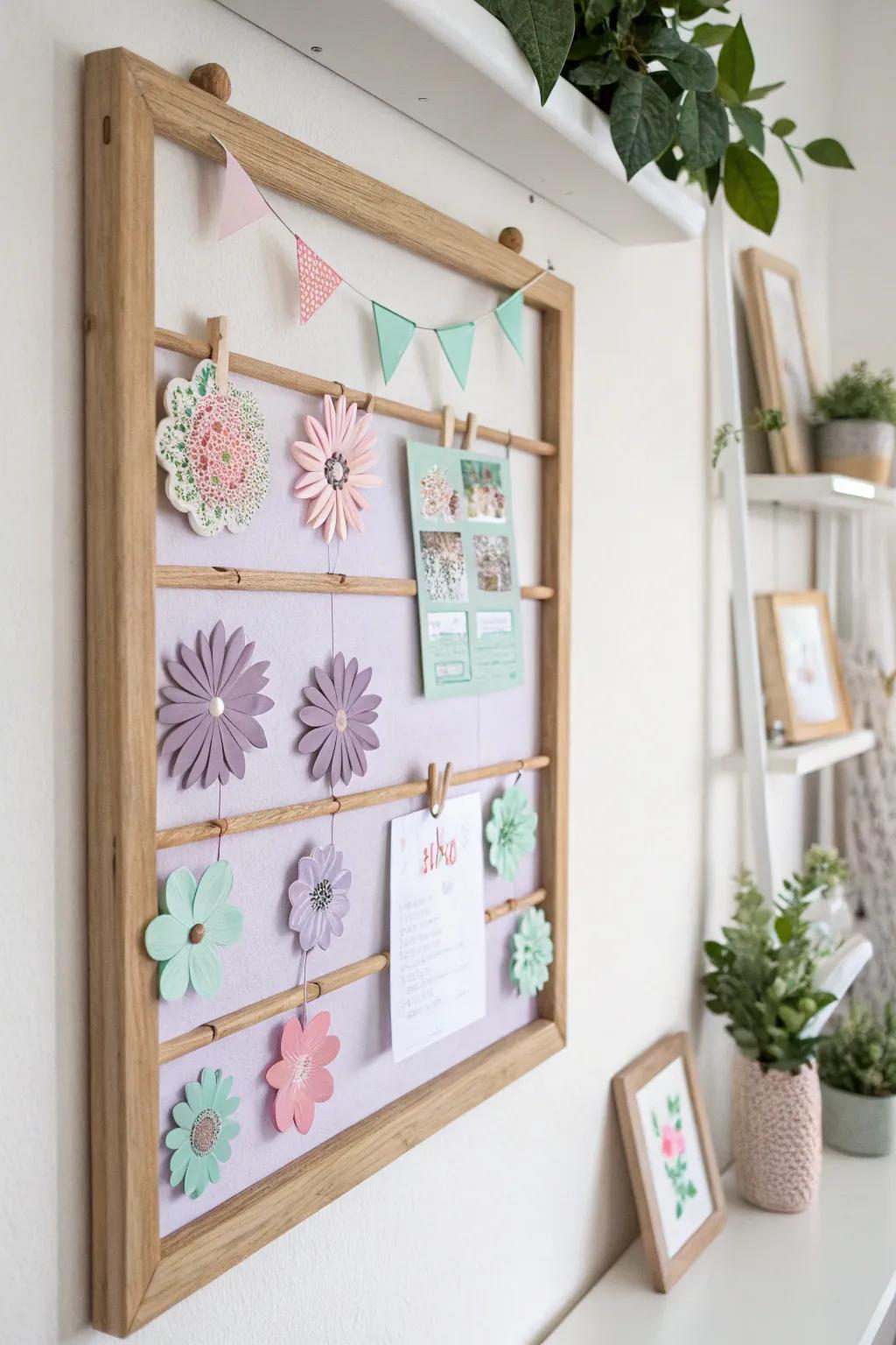 Savor the allure of spring with a soft-hued bulletin board that blends minimalist design with bohemian appeal, perfect for seasonal inspiration.