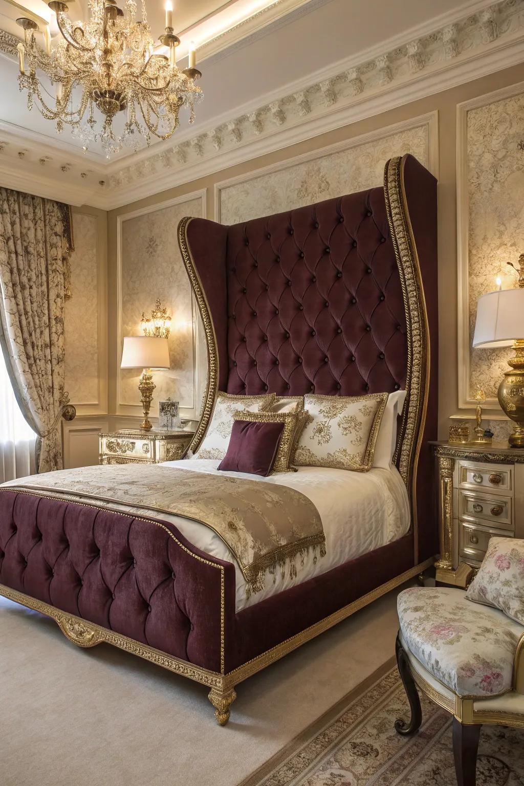 This luxurious space is made more theatrical by the wingback headboard.