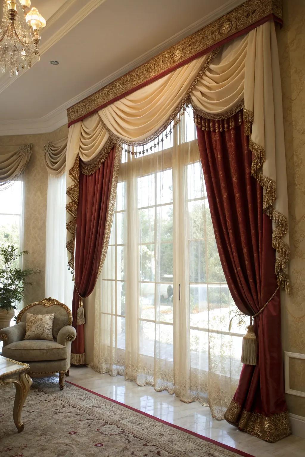 An elegant living room showcasing a window with a layered velvet and silk valance.
