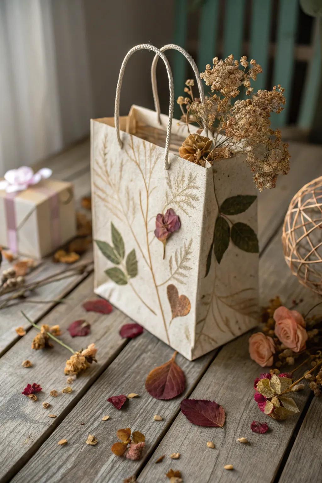 Nature-inspired surprise bag featuring dried floral decorations.