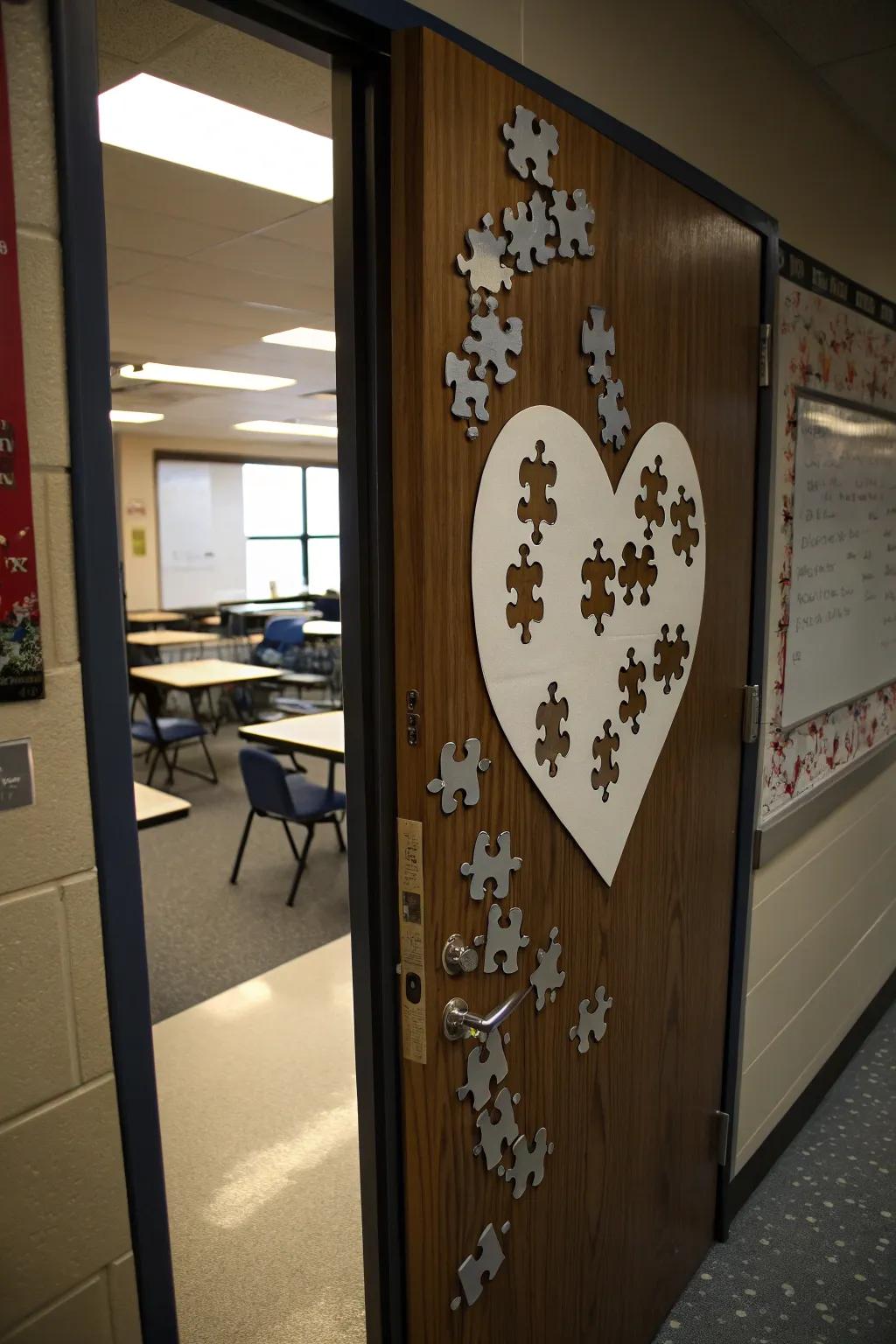 A classroom door showcasing a heart-themed jigsaw, each piece representing a pupil.