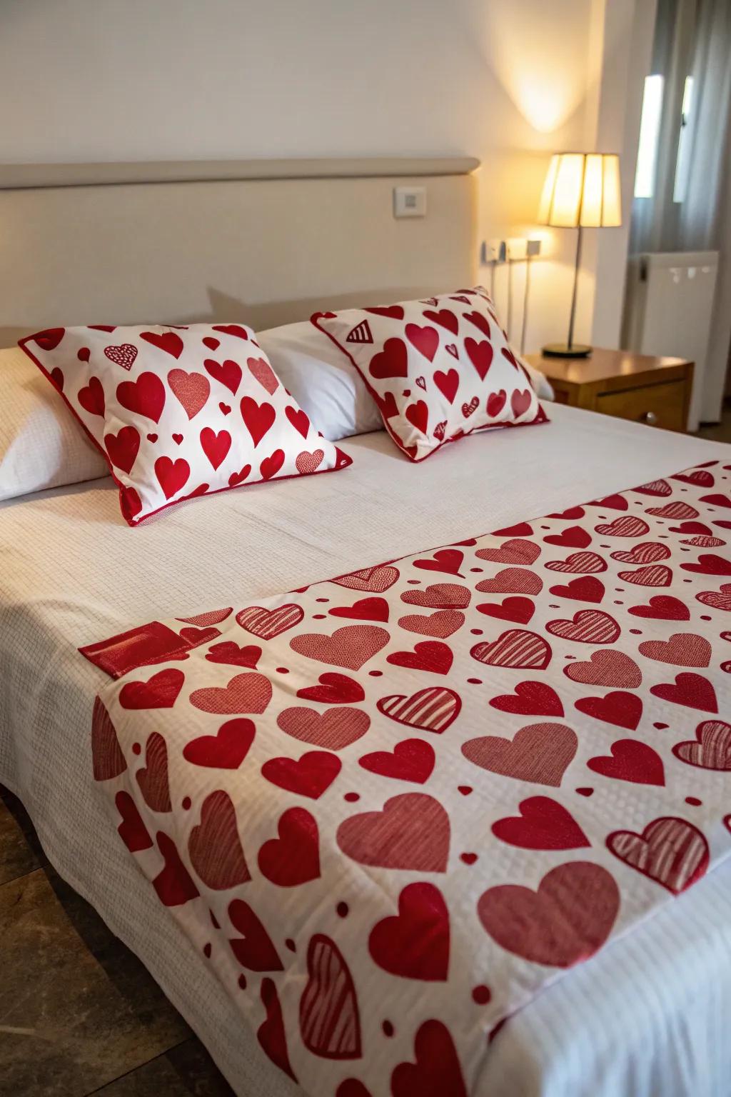 Themed bedding contributes a comfortable Valentine’s touch.