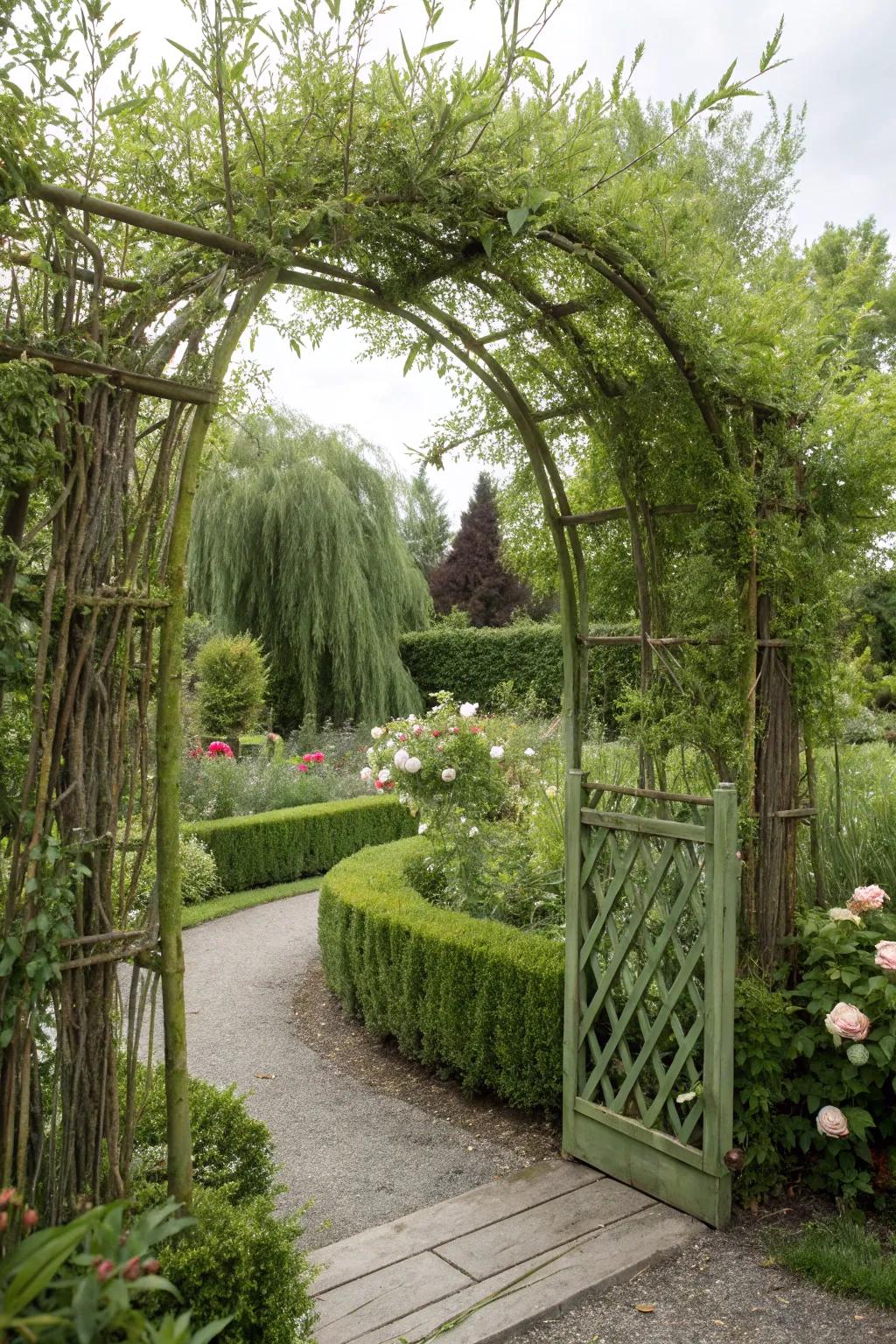 A growing shrubbery gate that blends with the landscape.