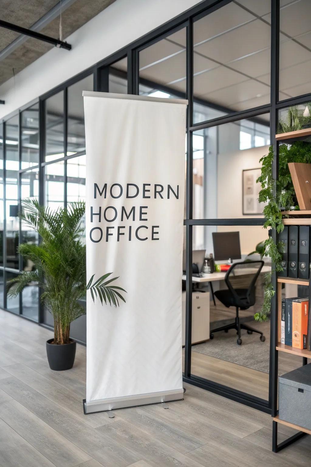 A home office makes a statement with striking typography on a vertical banner.