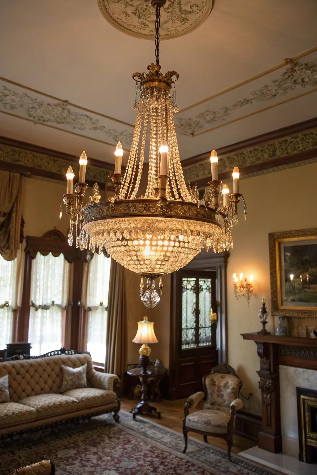 This ornate hanging light serves as a dazzling centerpiece in the living room.