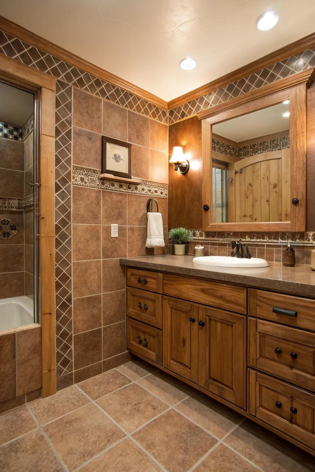 Wood features pair perfectly with brown tiles for a natural ambiance.