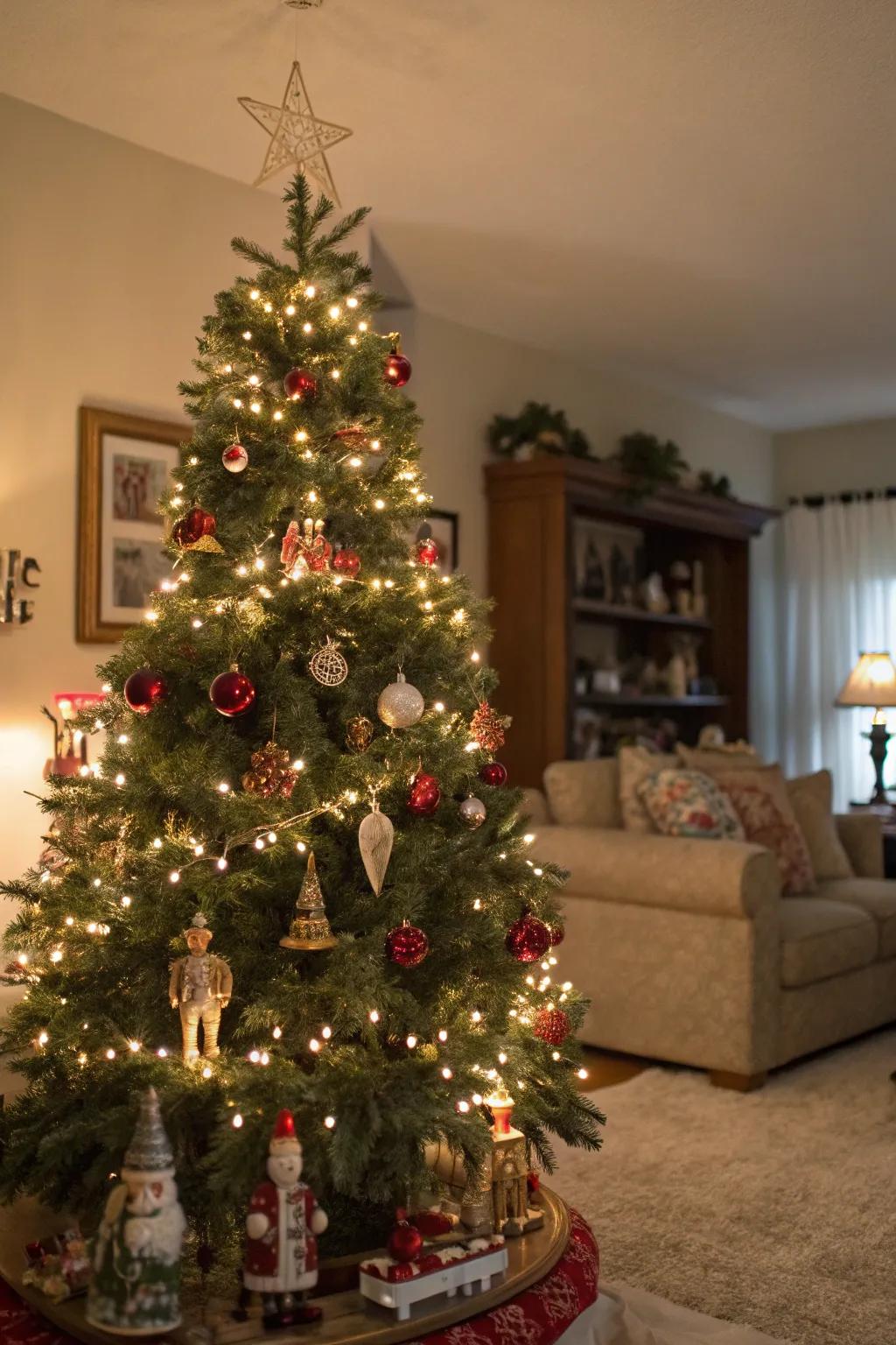 Nostalgic displays bring storytelling to this vintage tree.