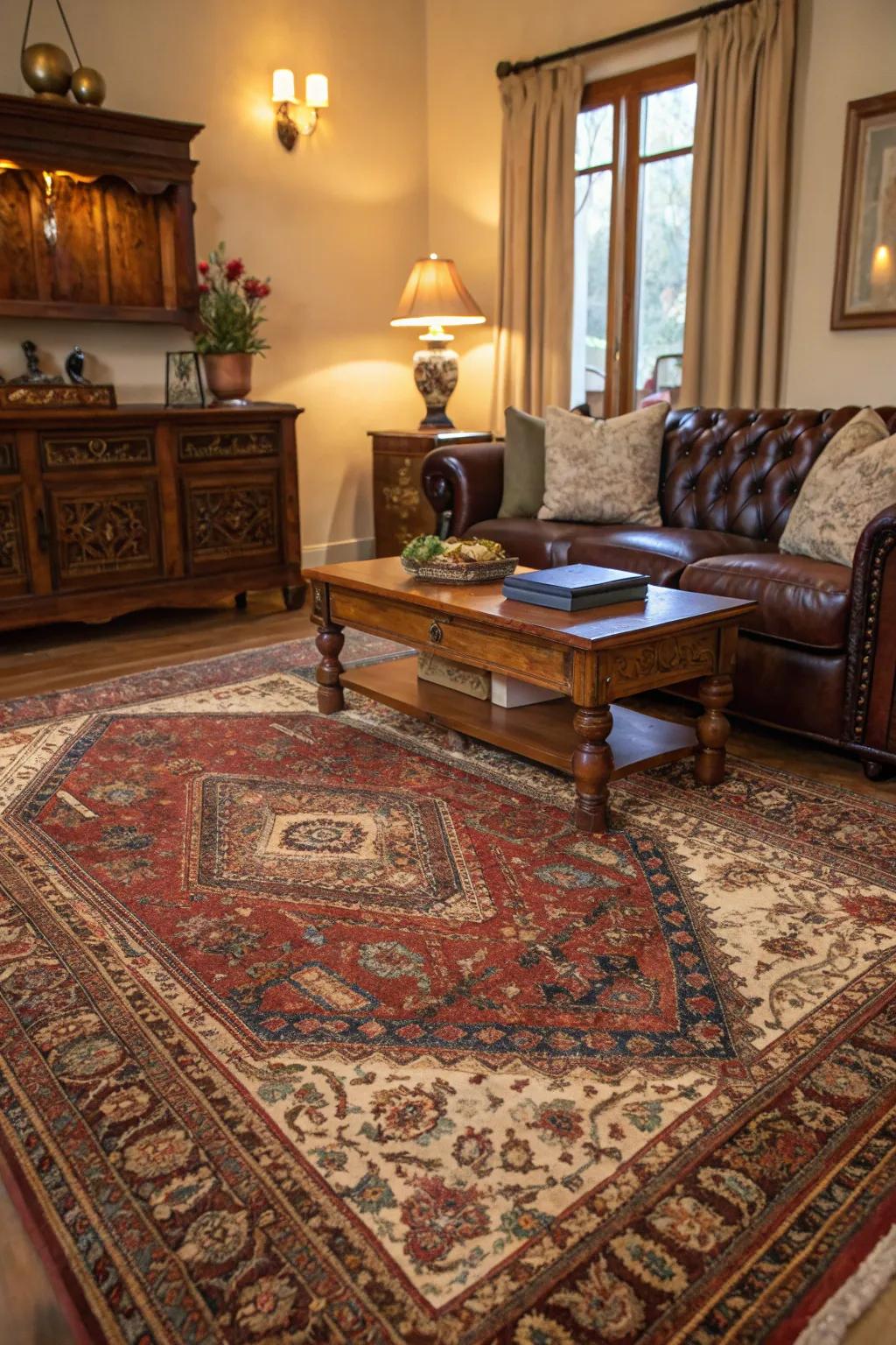 A vintage Persian rug enriches the living room with warmth and character.