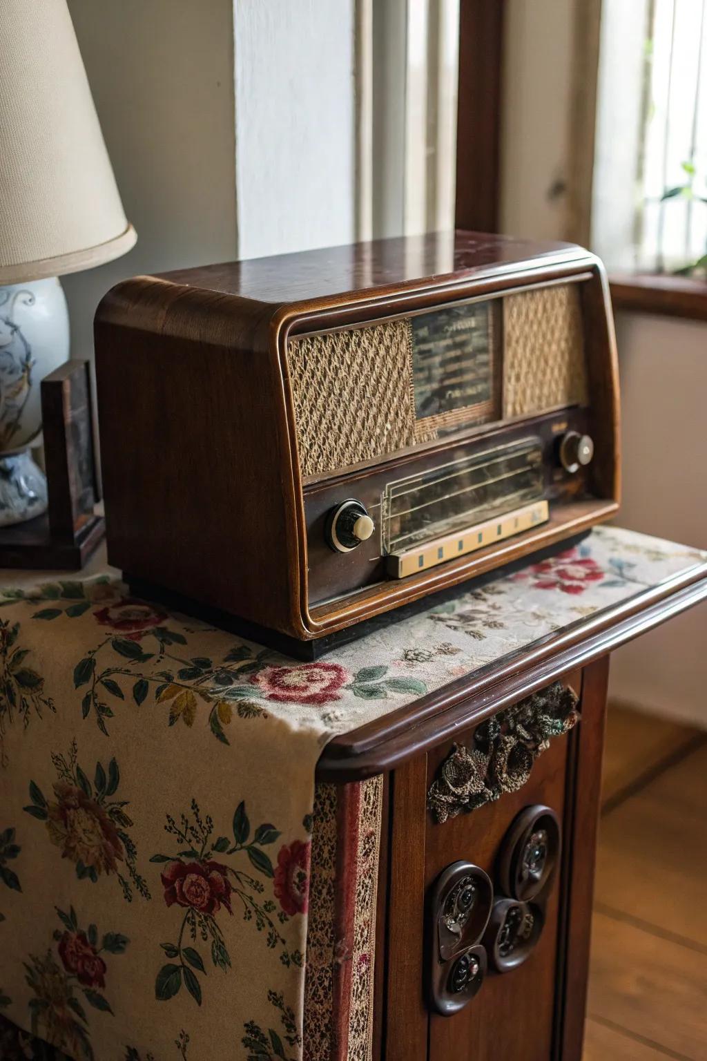 A classic radio sitting on a retro end table, adding personality.