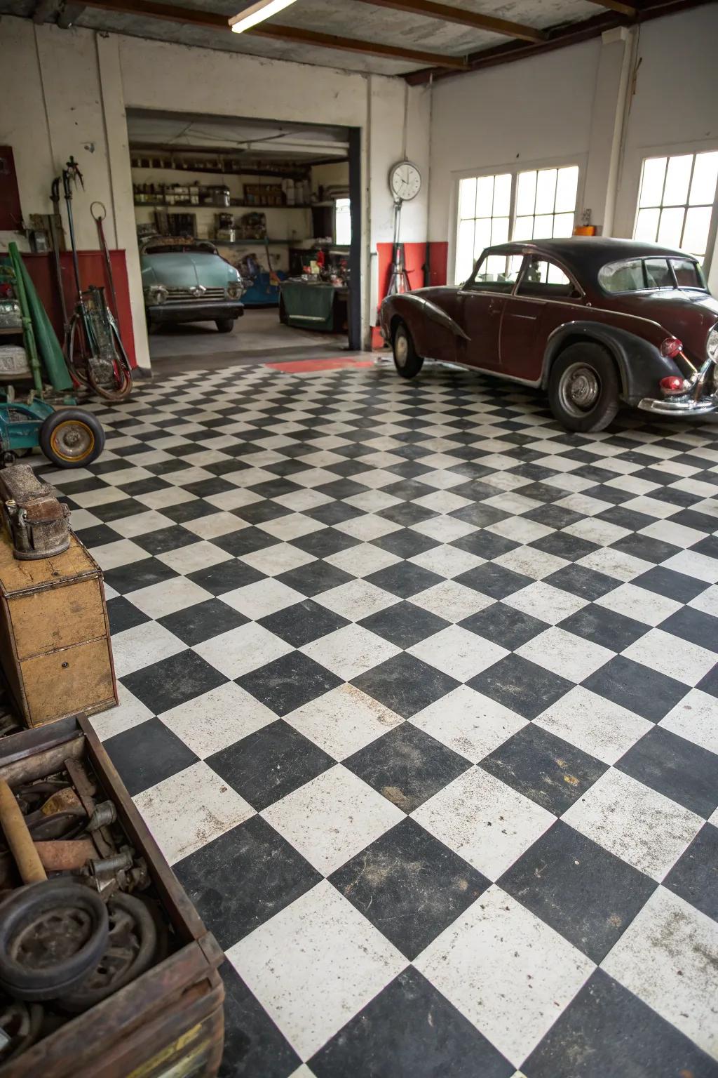 Checkerboard floor tiling bestows a timeless allure upon a vintage garage.