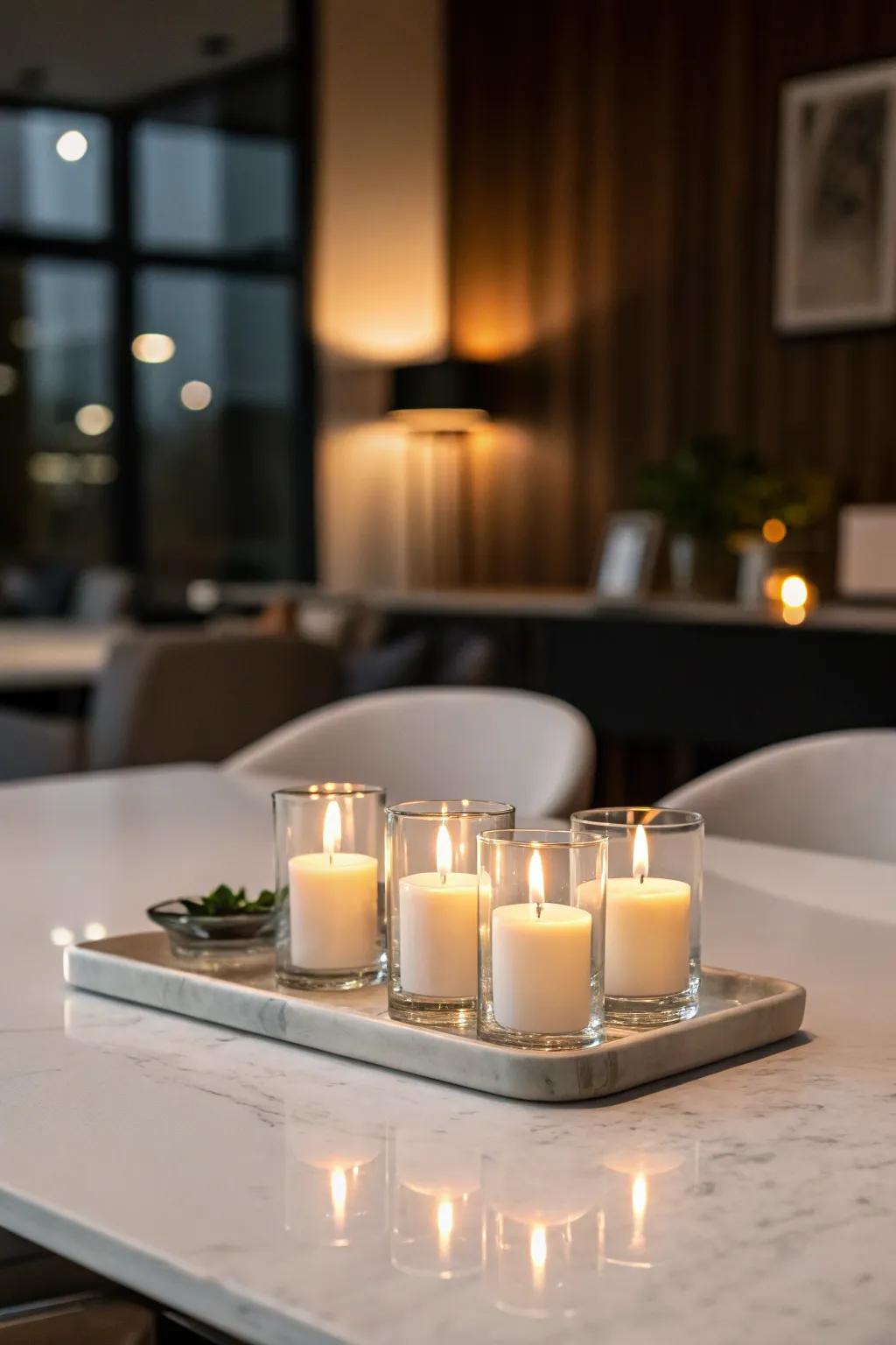 Embrace minimalism with simple but striking votive light arrangements.