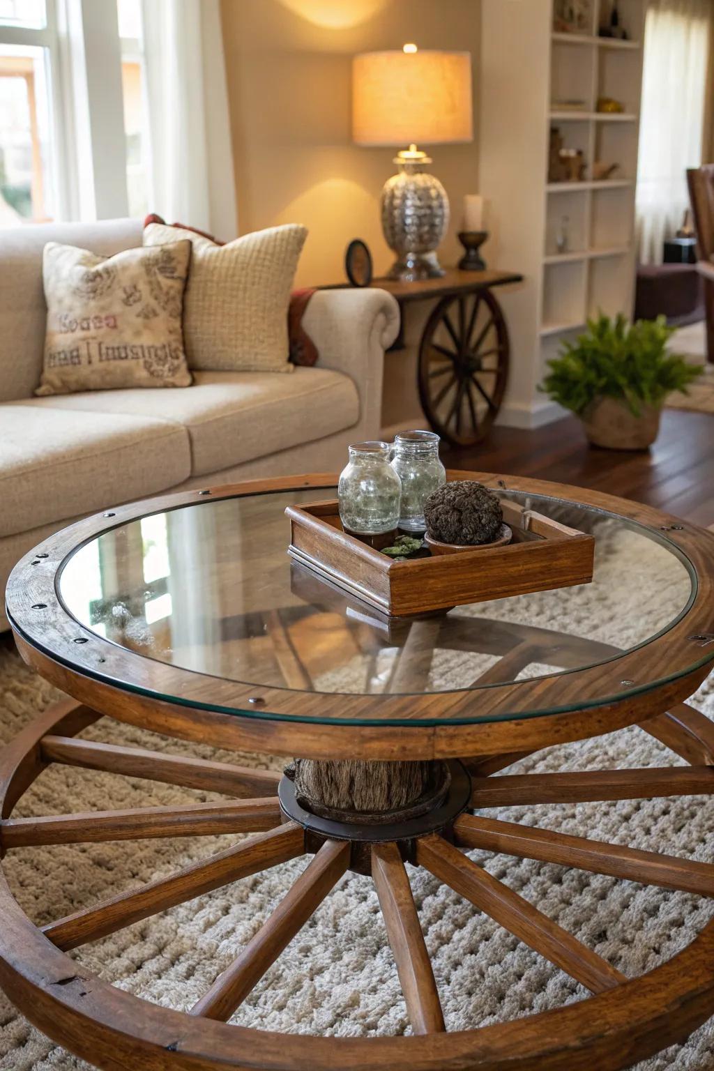 A cartwheel sustaining a glass tabletop, generating a one-of-a-kind center table.