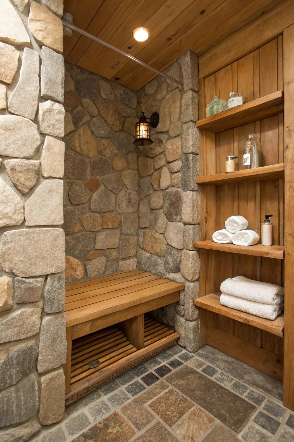 Rock shower with timber stool and shelves.