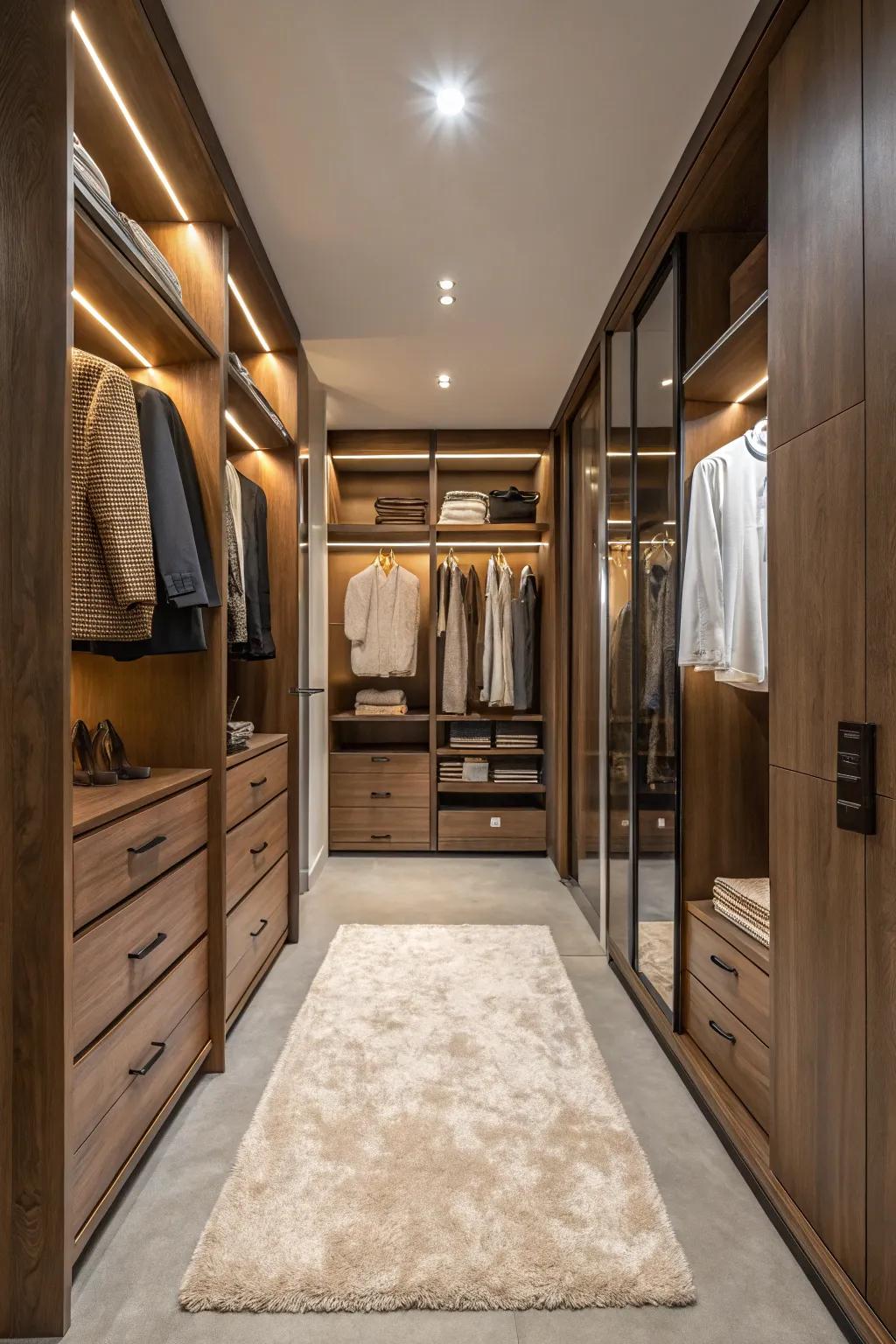 Opulent details, like rich rugs and high-end finishes, add flair to any closet.