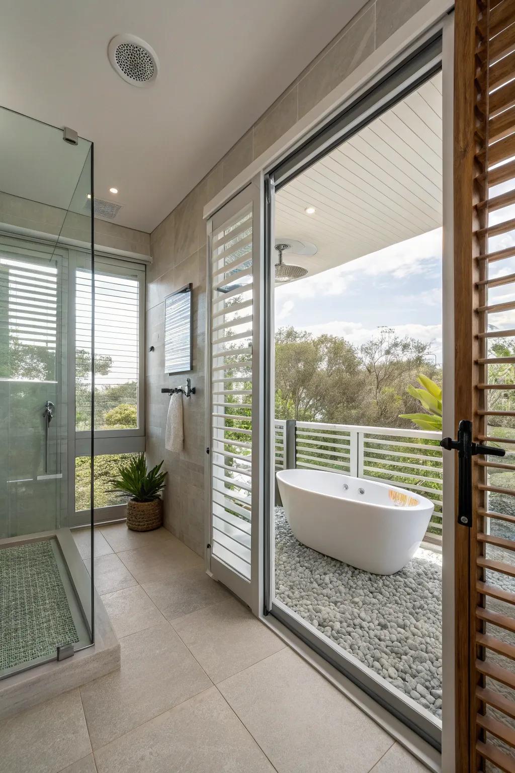 Louvered windows in a walk-in shower, seamlessly blending the luxury of indoors with the airiness of the outdoors.