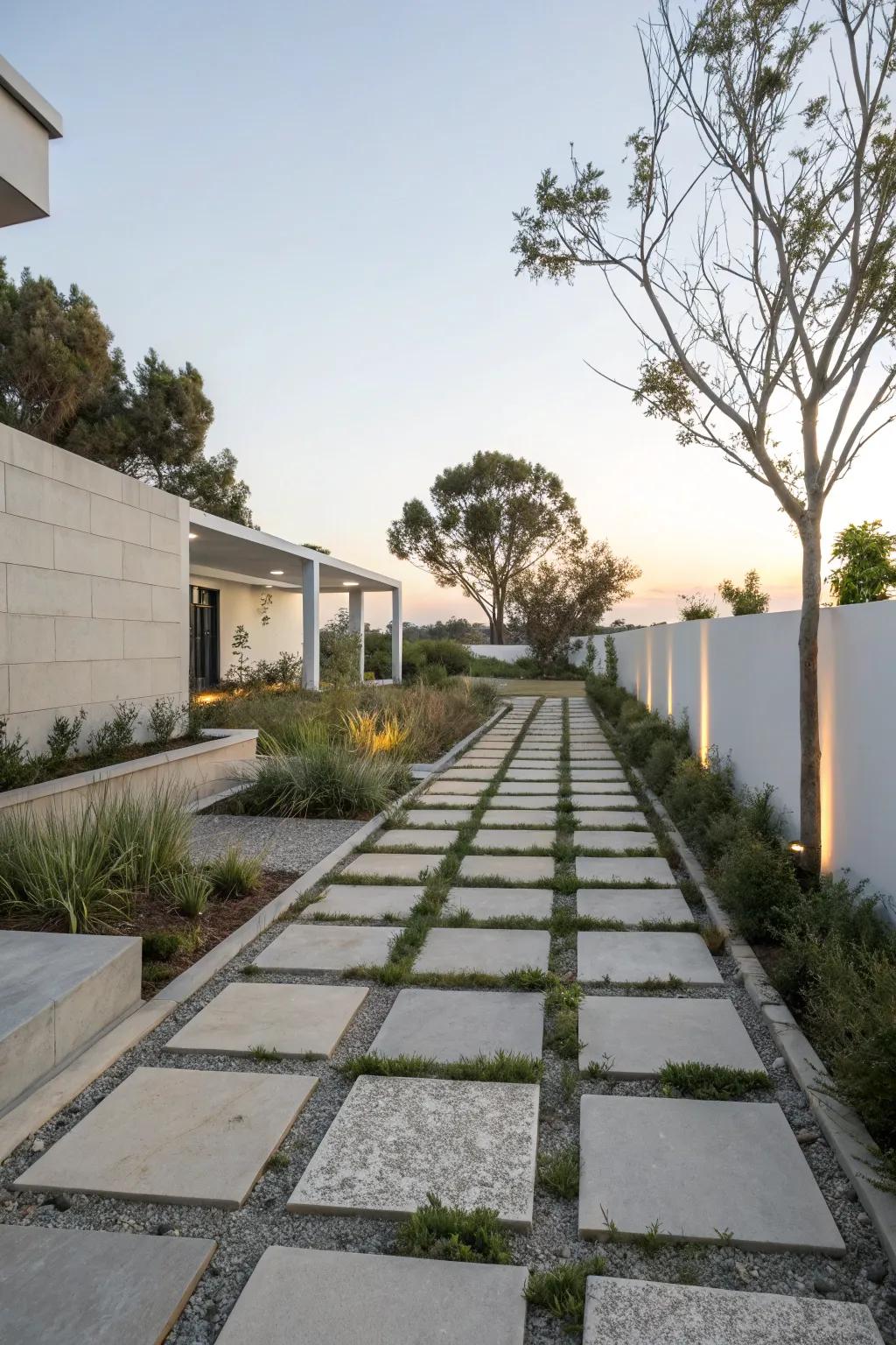 Modern paver patterns present polished and organized routes.