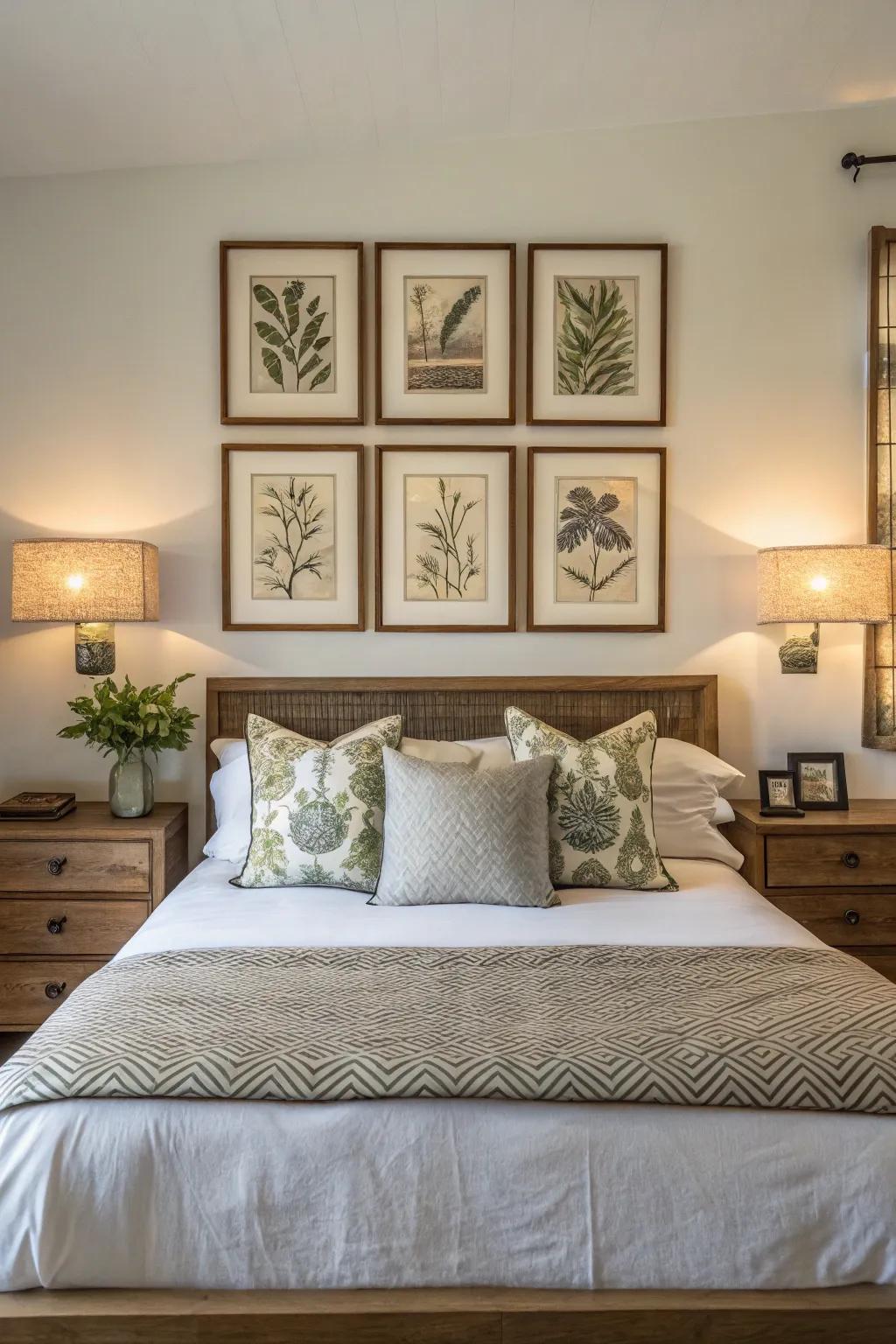 Balanced art arrangements bring balance to your bedroom.