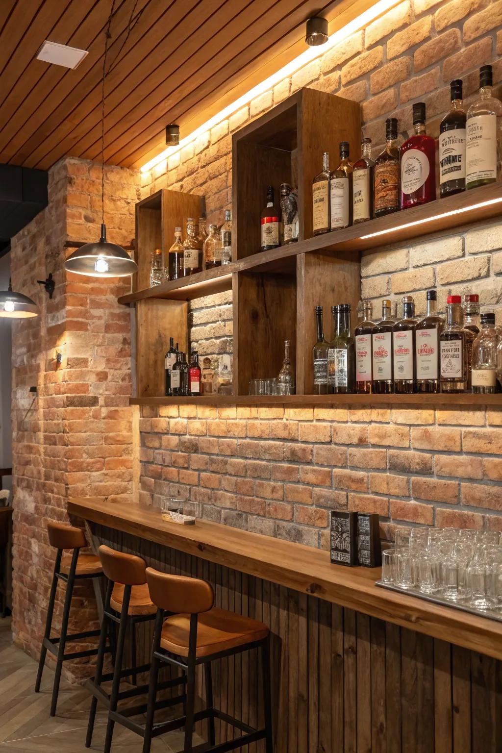 Brick backdrops deliver a countryside refinement that enhances any wall bar.