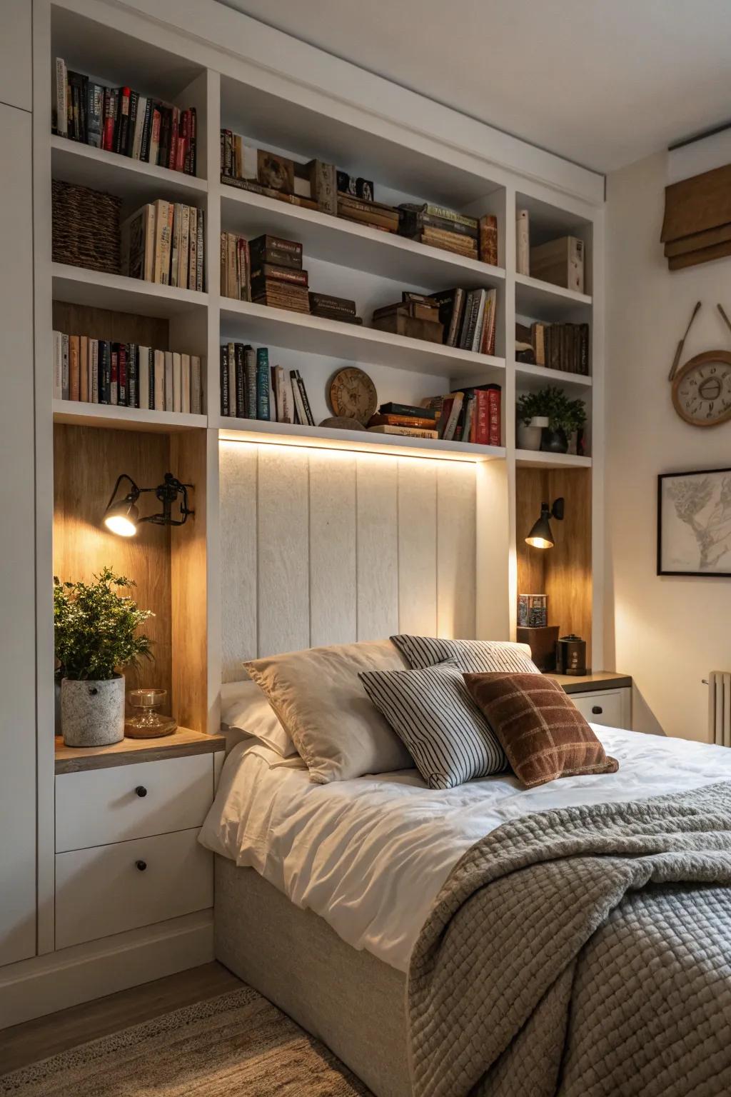 Integrated shelves offer design and functional storage.