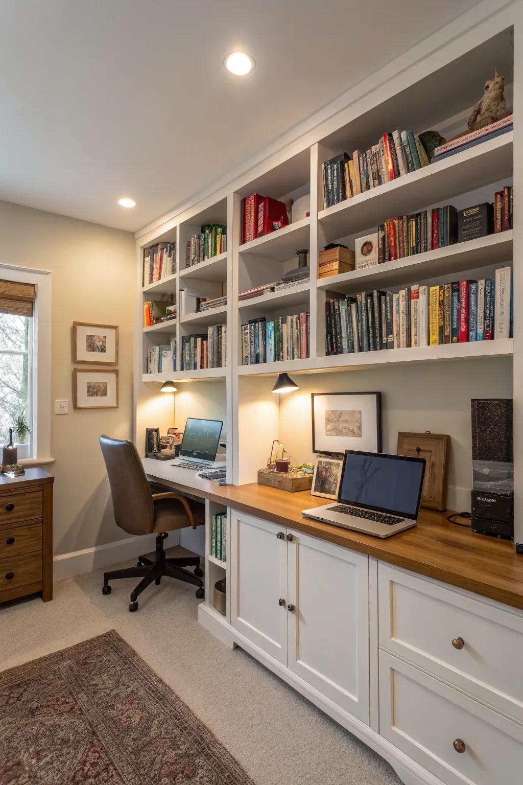 Integrated bookshelves in a home office provide both storage and practicality.