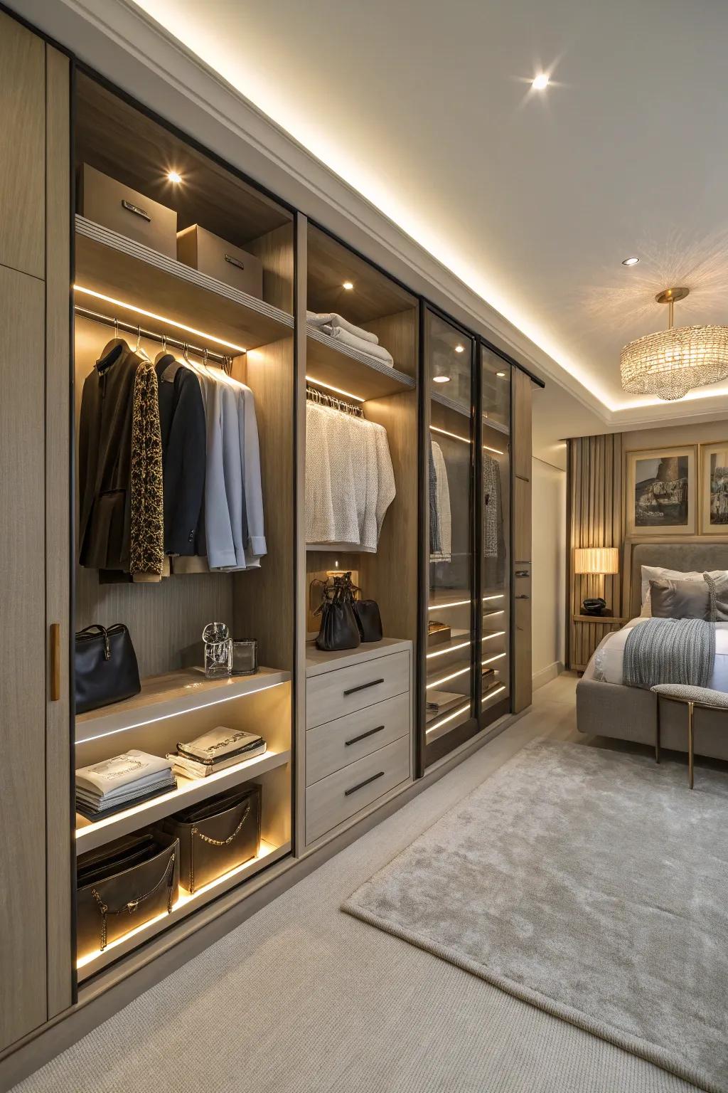 Integrated lighting adds functionality and style to wall closets.