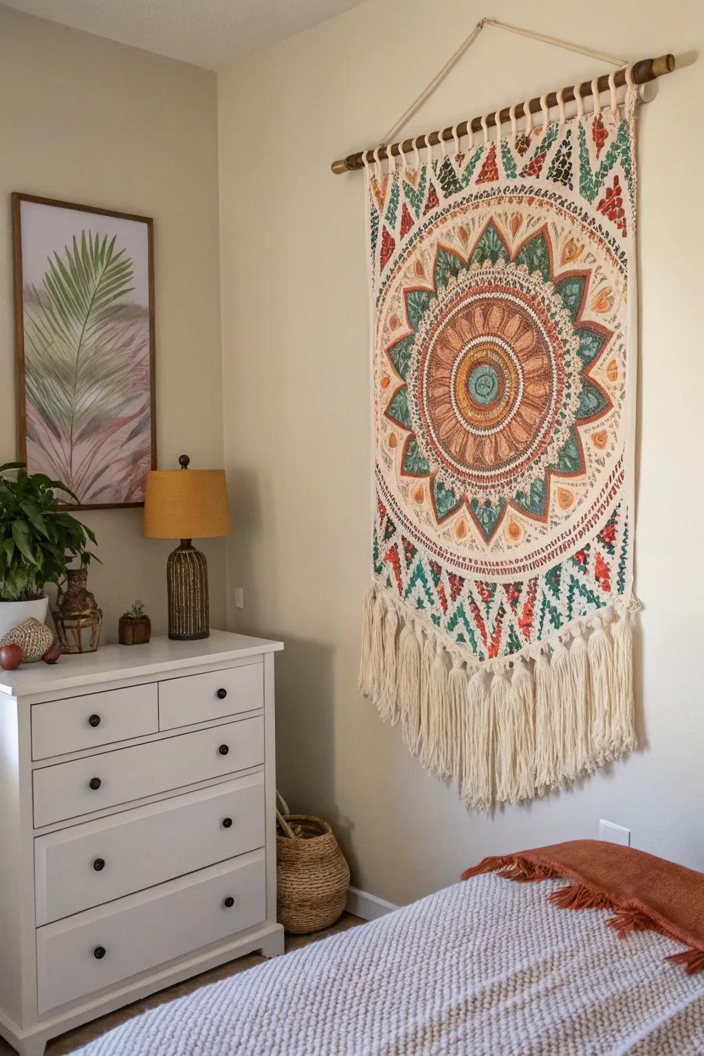 A woven tapestry enriches the bedroom with texture and warmth.