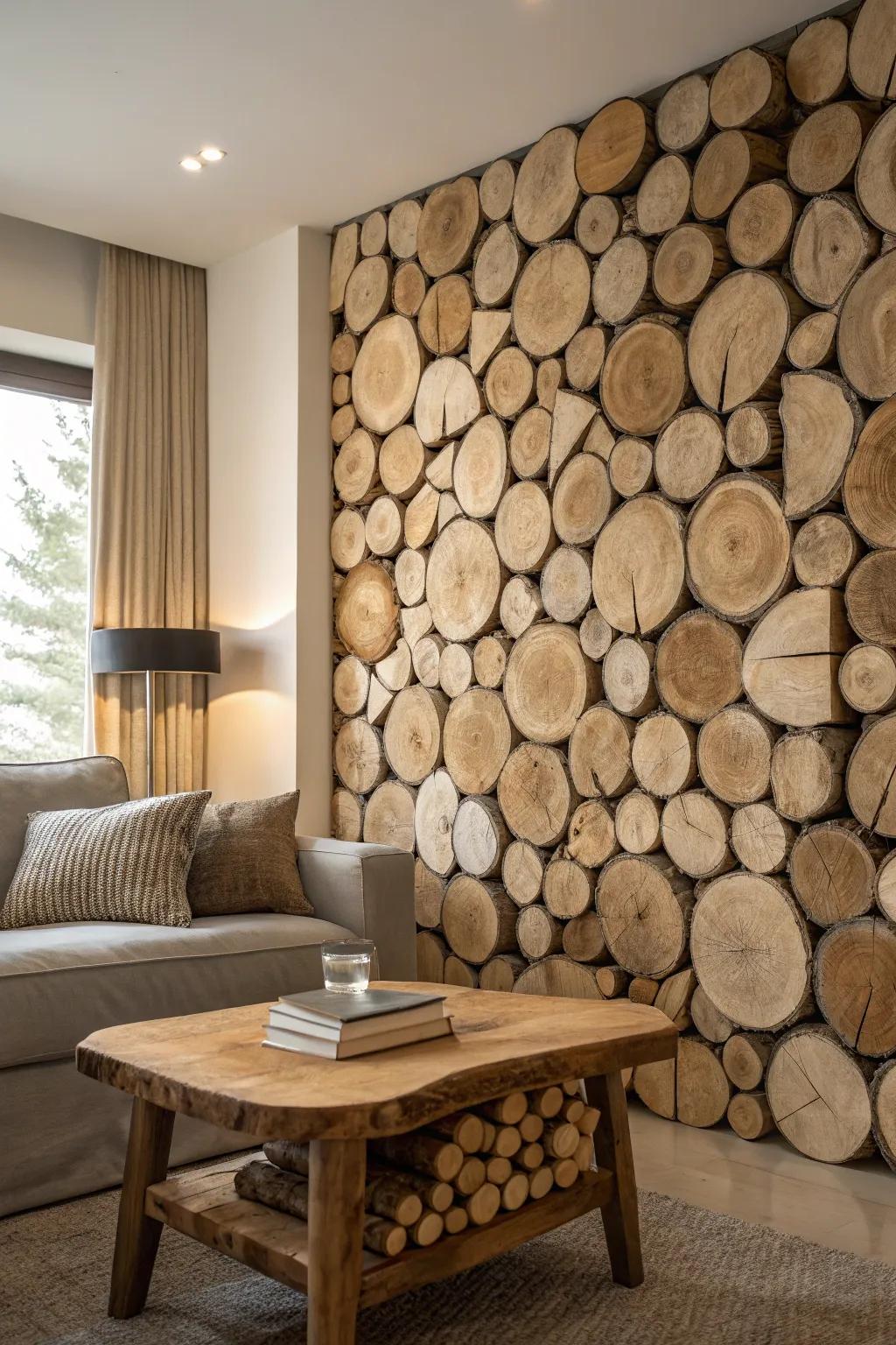 Wooden log slices indoors.