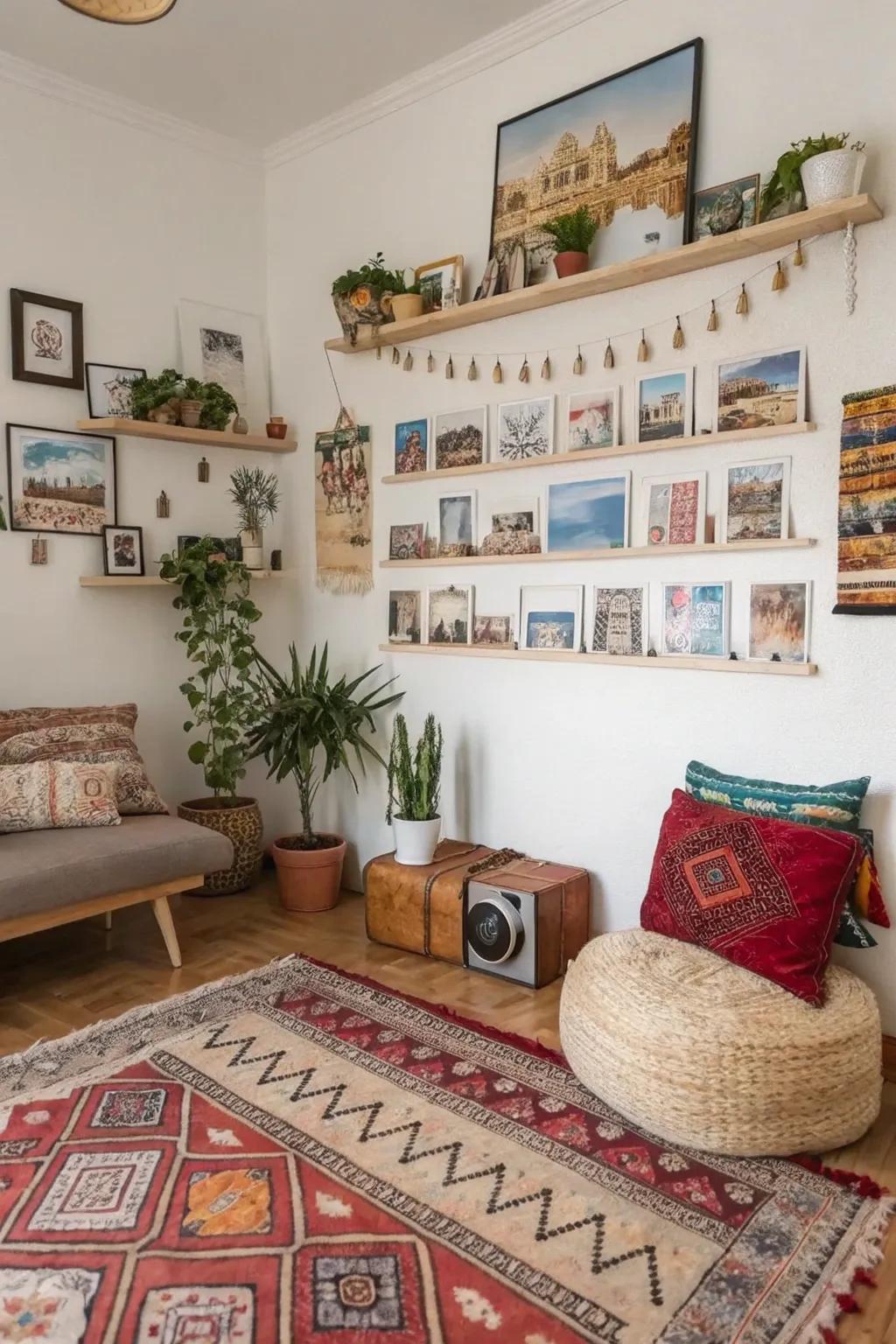 A wanderlust-inspired wall highlighting travel moments.