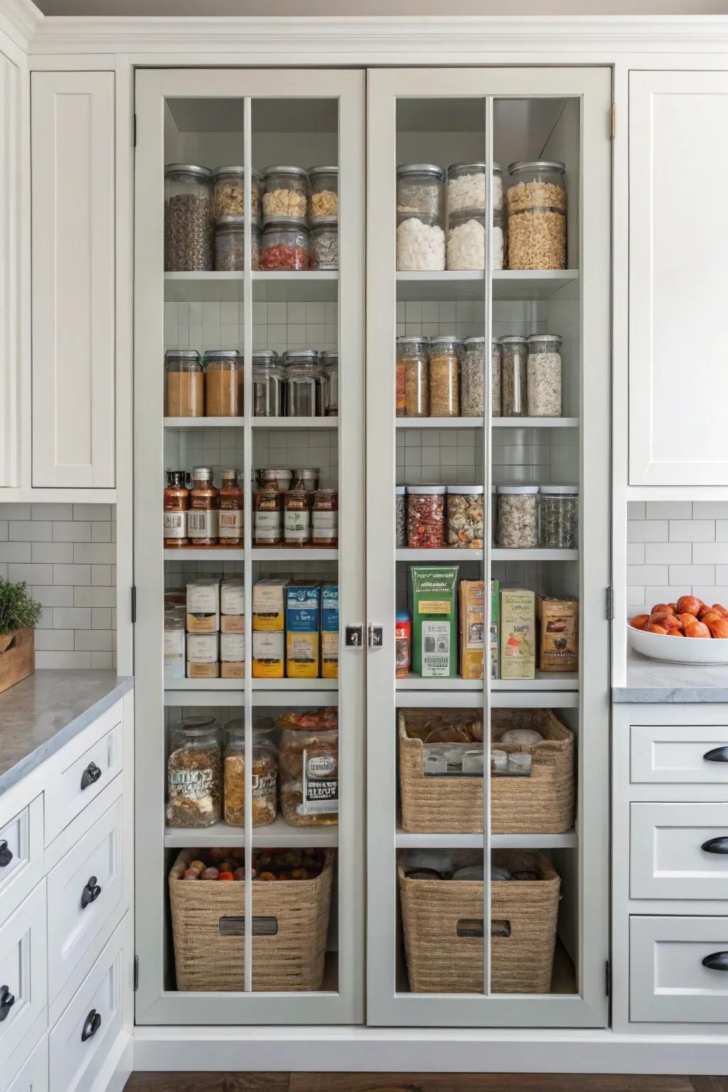 Glass doors enhance the pantry with a decorative touch.