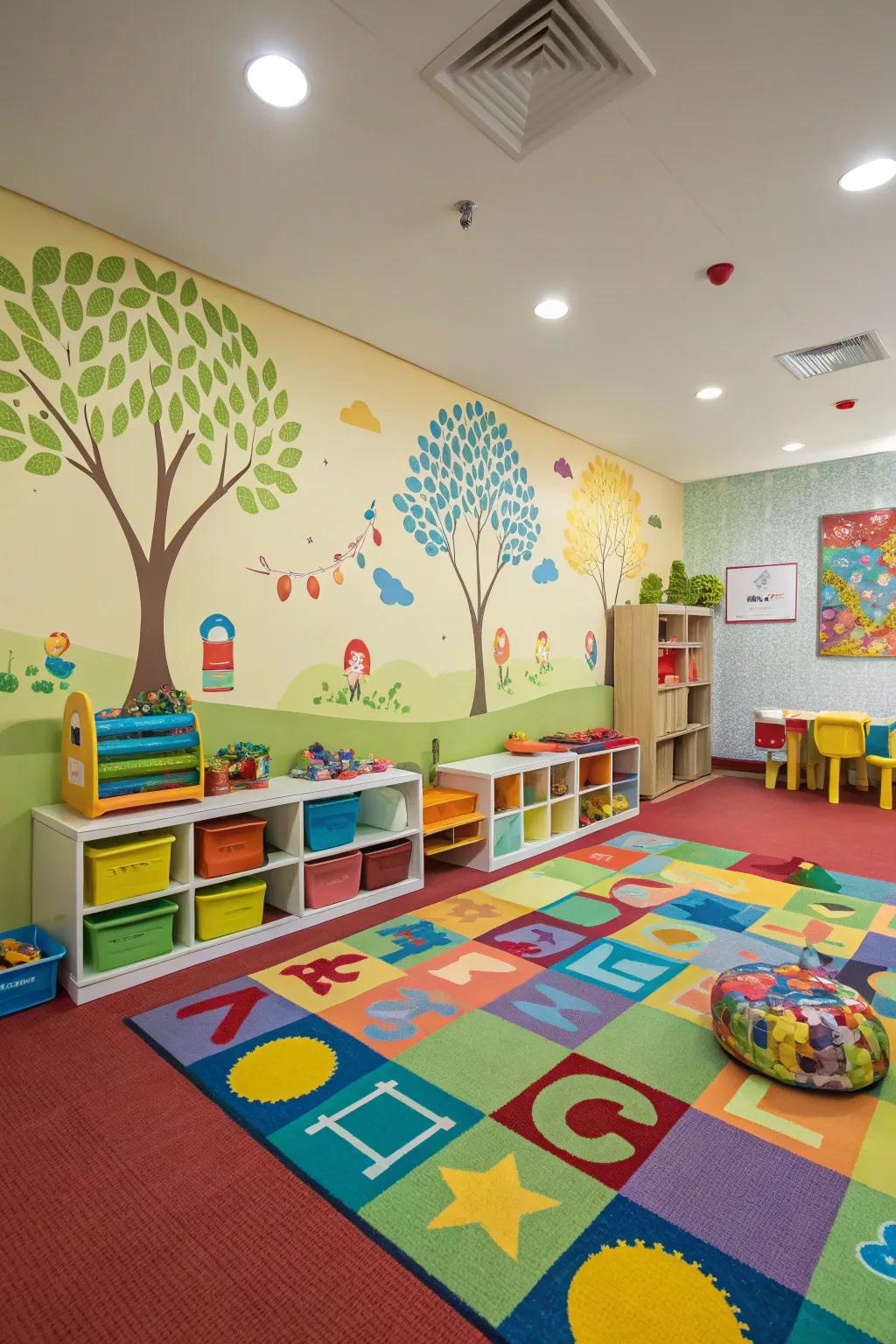 Vibrant carpets foster a playful and inviting setting for children.