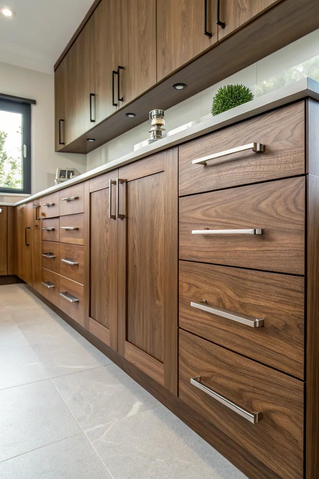 Contemporary hardware adds a streamlined touch to walnut units.