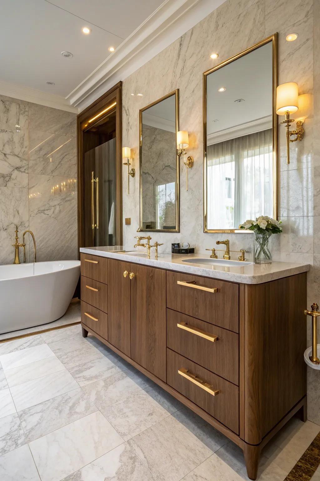 Elevate your bathroom’s appeal with chic fixtures that bring out the best in your pecan vanity.