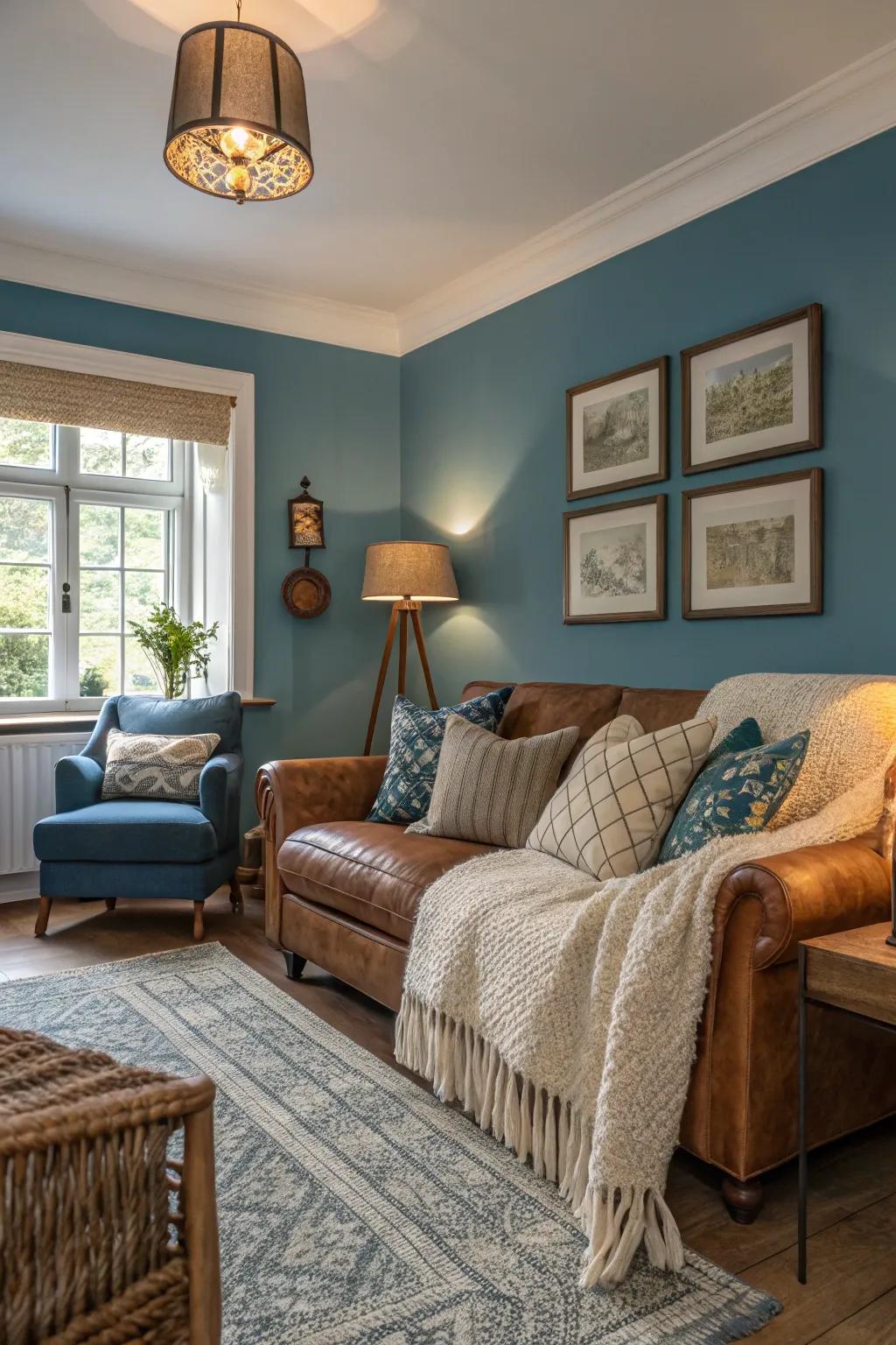 Textural decor enhances the warmth of blue shades in your living space.