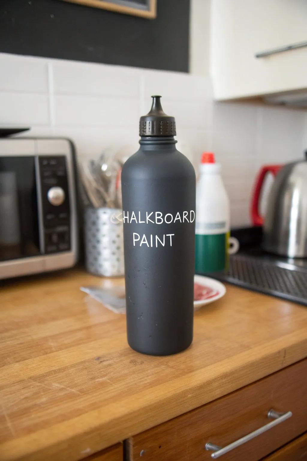 A drinking bottle coated in slate paint, displaying a handwritten message.