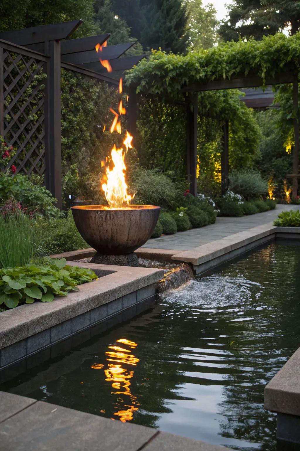 Blended fire and water features make striking centerpieces in outdoor spaces.