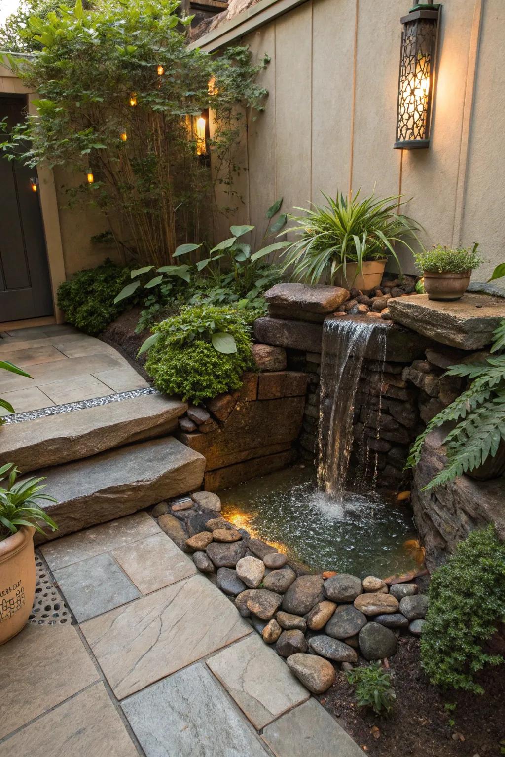 A small, charming stone waterfall highlights a cozy patio area.