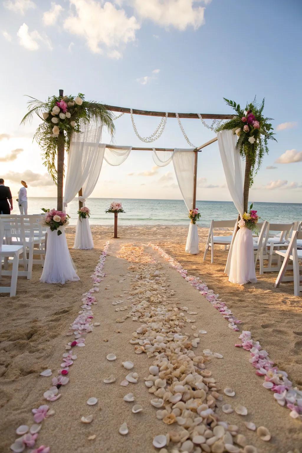 A tranquil beach aisle marked by seashells and the open ocean.