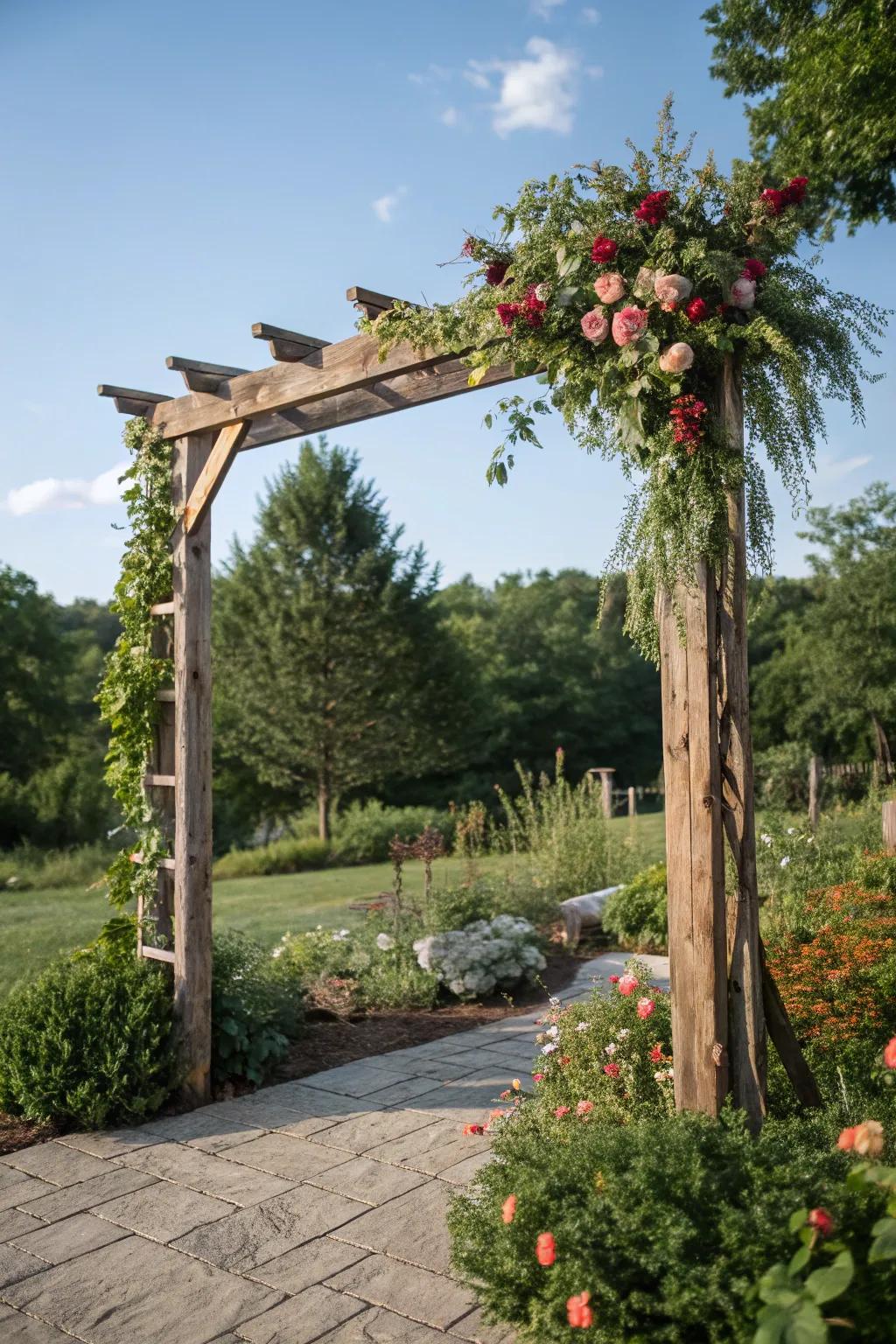 Country appeal with a timber arch setting.