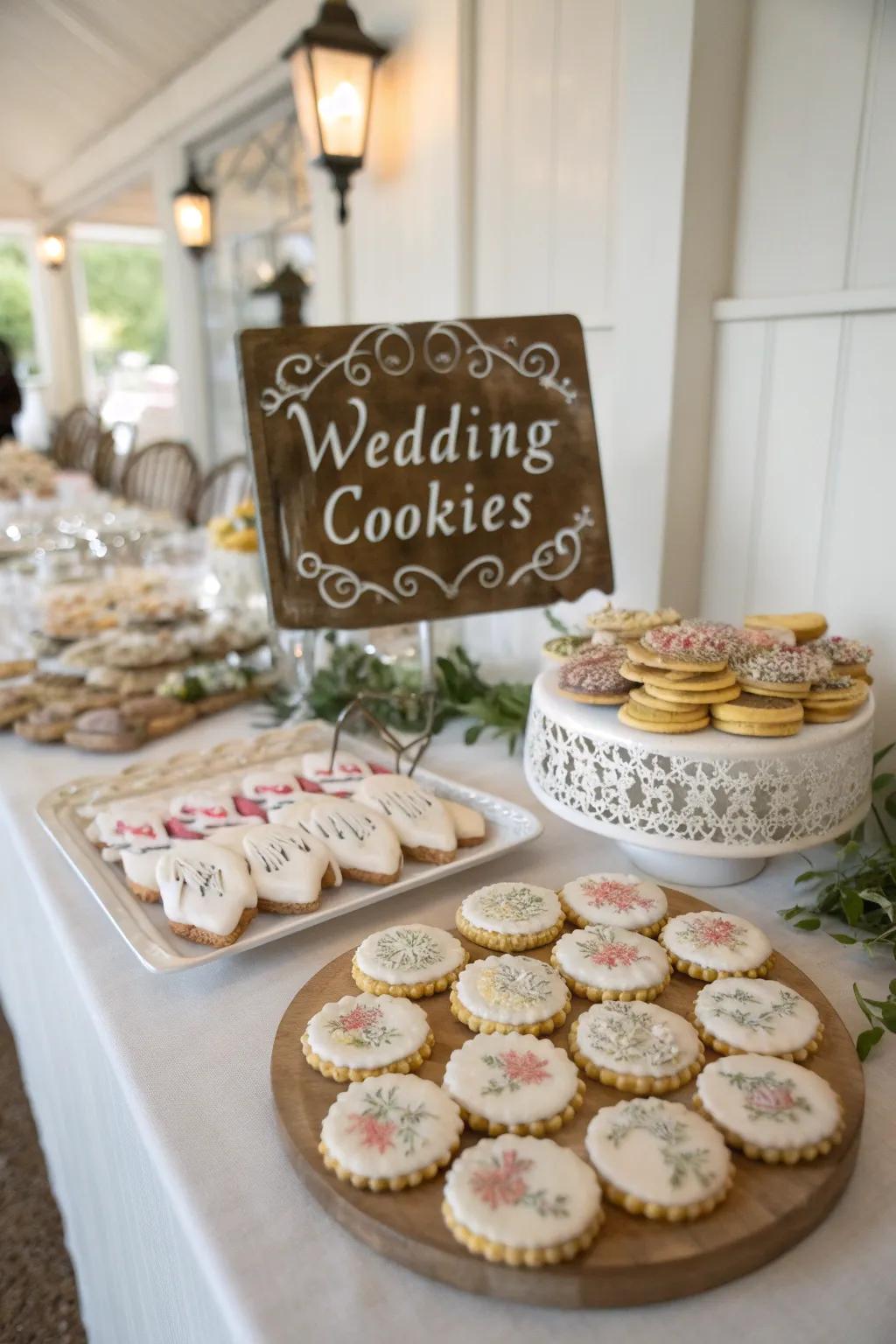 Personalized cookies and signage add a unique touch to a wedding cookie table.